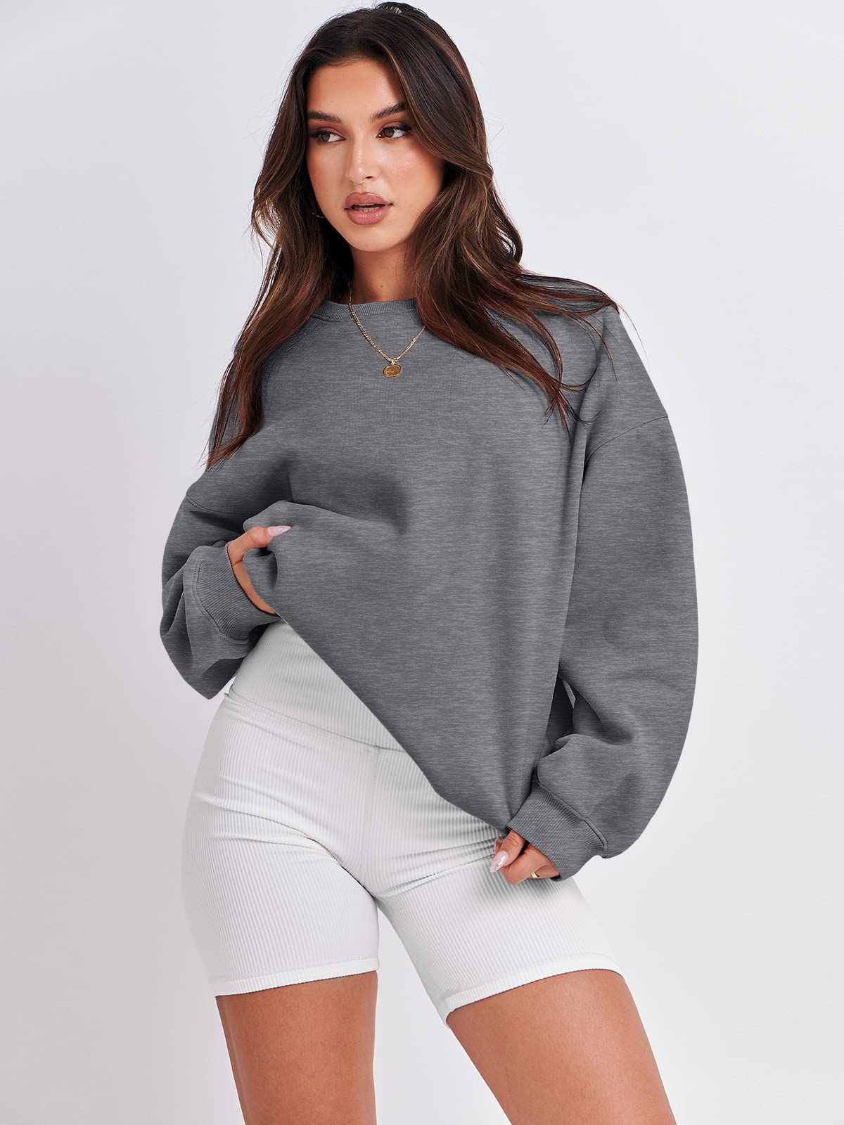 Damskie bluzy oversize bluzy z kapturem polar okrągły dekolt sweter top codzienne jesienne stroje preppy ubrania nastolatki 2024 A1019 światło, Jeden kolor, Gray_S
