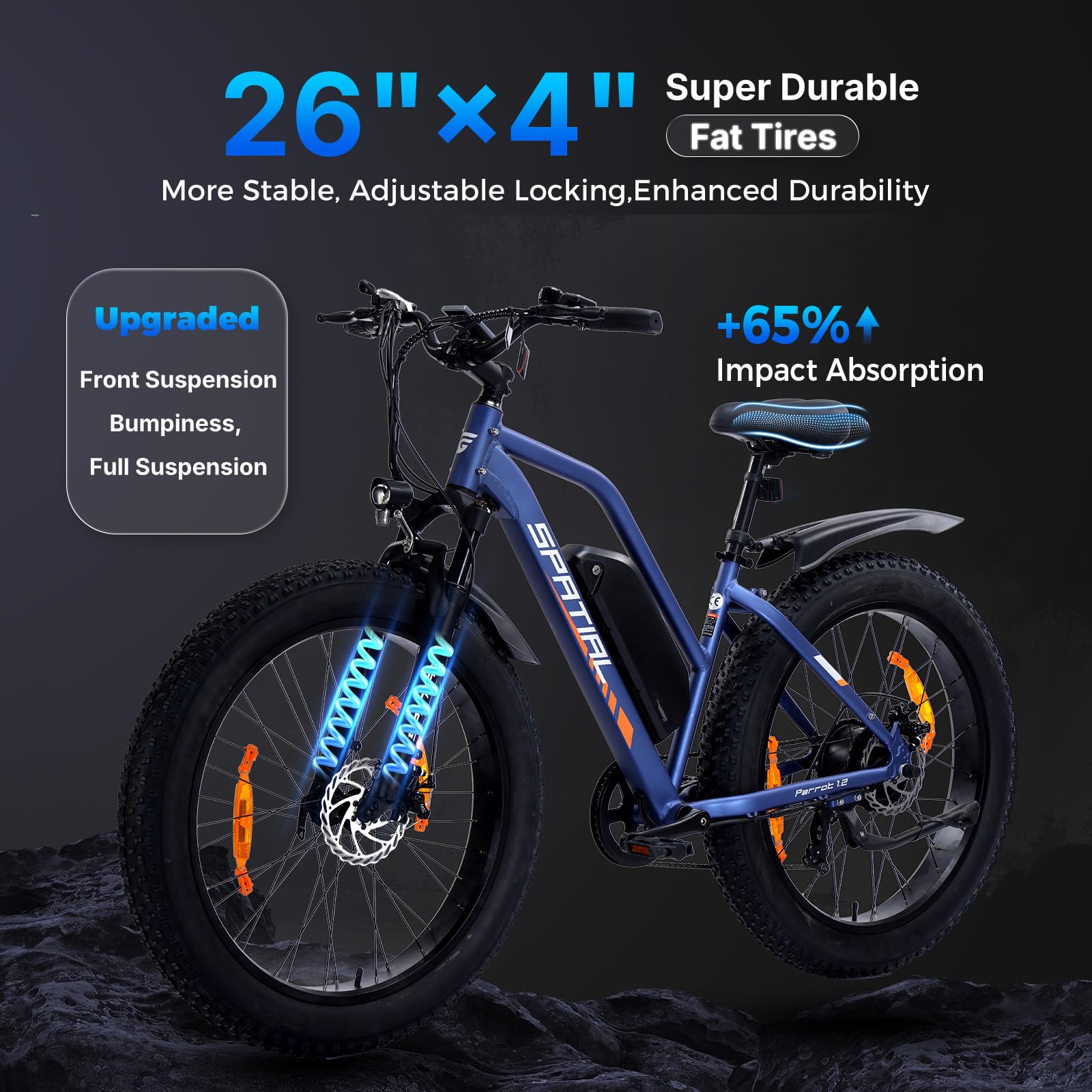 SPATIAL Bicicleta Eléctrica Montaña de 26" con Neumáticos Anchos de 4.0" y Batería de 48 V 13Ah y 624 WH