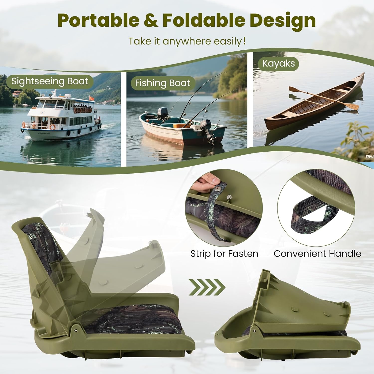 GYMAX Boat Seats, Folding Low Back Fishing Boat Seat w/Thickened Sponge Padding, Waterproof PVC Leather, Stainless Steel Screw, Fold-Down Captain Chairs for Pontoon Yachts (1 Pack,Camouflage)