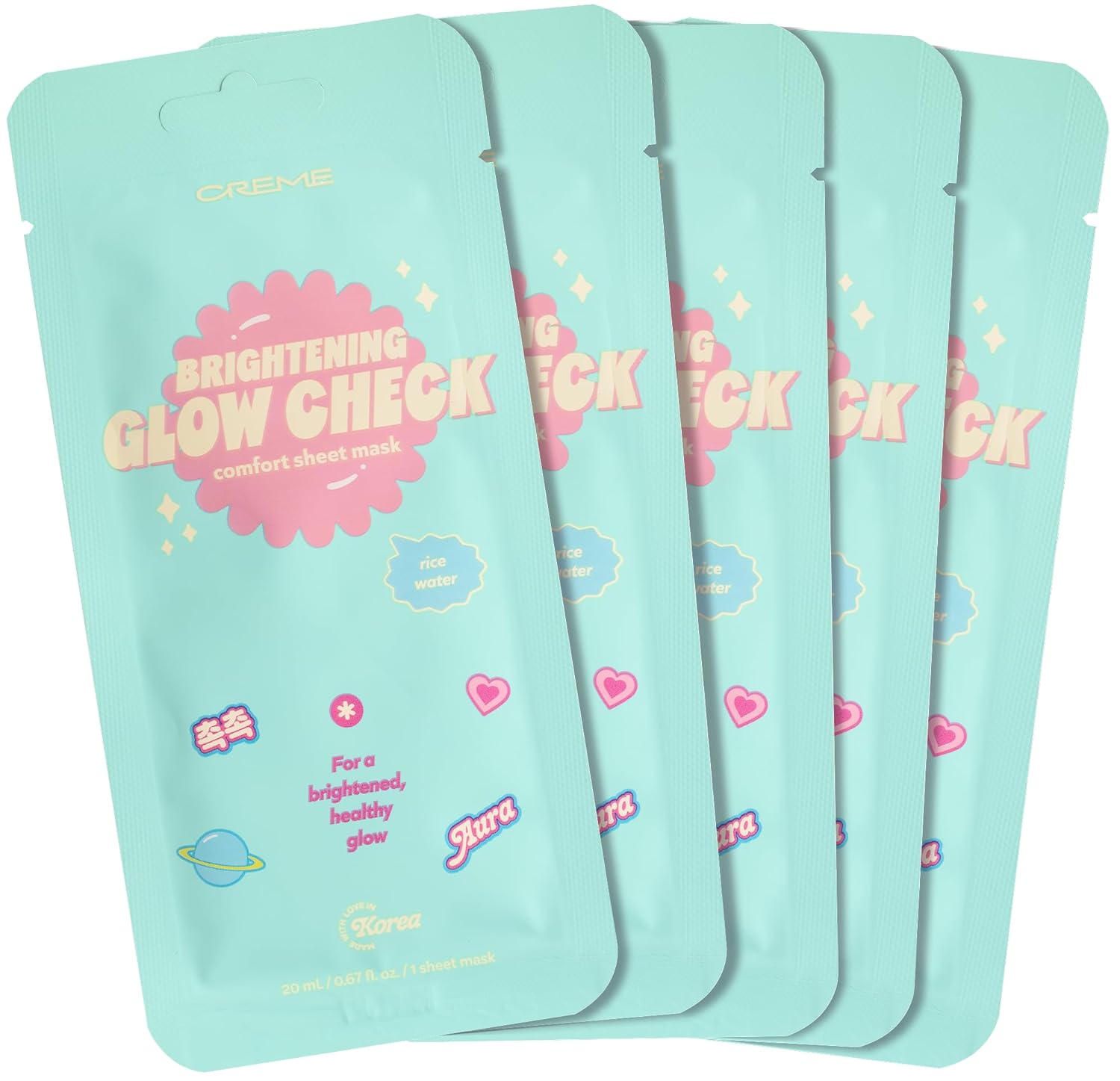 The Creme Shop Glow Check Comfort Sheet Mask 5 Pack, Facial Sheet Mask, Korean Skin Care, Korean Glass Skin, Hydrating, Brightening, Rice Water- Brightening Glow