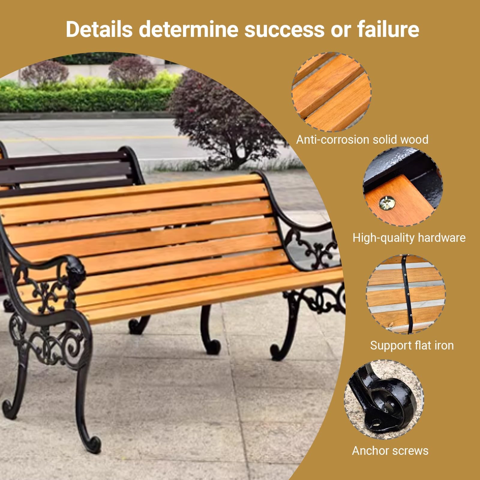 Banco de Parque de Madera Maciza con Respaldo,Banco de Patio Resistente a la Intemperie de Hierro Fundido,Asiento Natural con Listones,Reposabrazos tallados Huecos(B,125cm/47.2in)