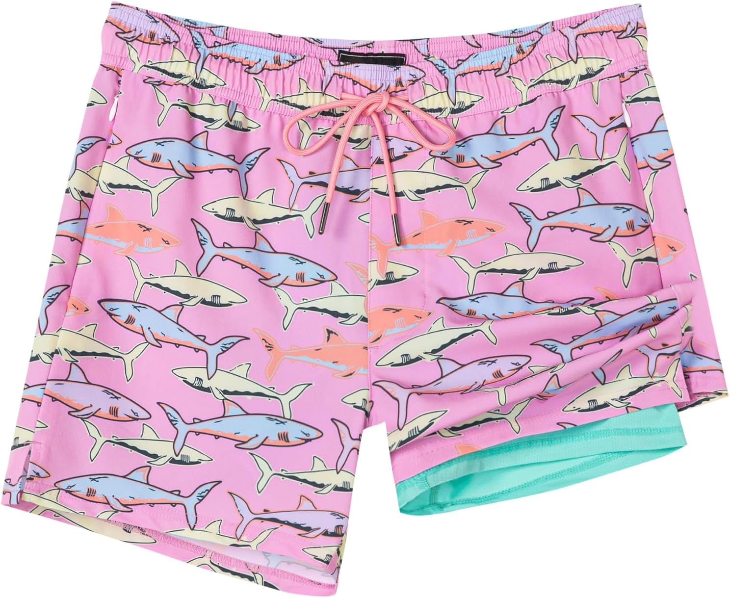 SURF CUZ Mens Swim Trunks with Compression Liner Quick Dry Swim Shorts Swimming Trunks 2 in 1 Bathing Suit Zipper Pockets Large Pink Swimming Shark. Large 