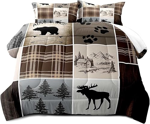 Miniatura 2 de LUVIVIHOME Juego de edredón rústico de 3 piezas, tamaño King, oso negro, ciervo, alce, alce, bosque, animales del bosque, caza de vida silvestre,