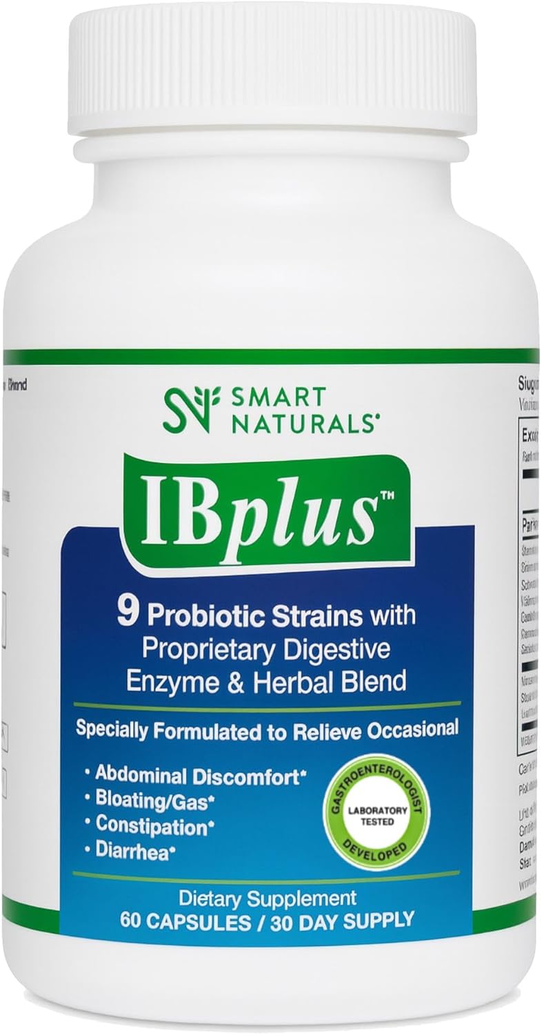 IBplus® Probiotic, Digestive Enzyme & Herbal Blend, Improved Formula-60 Capsules!! for Irritable Bowel – Abdominal Pain, Constipation, Diarrhea, Gas/Bloating –Proprietary Formula by Smart Naturals™