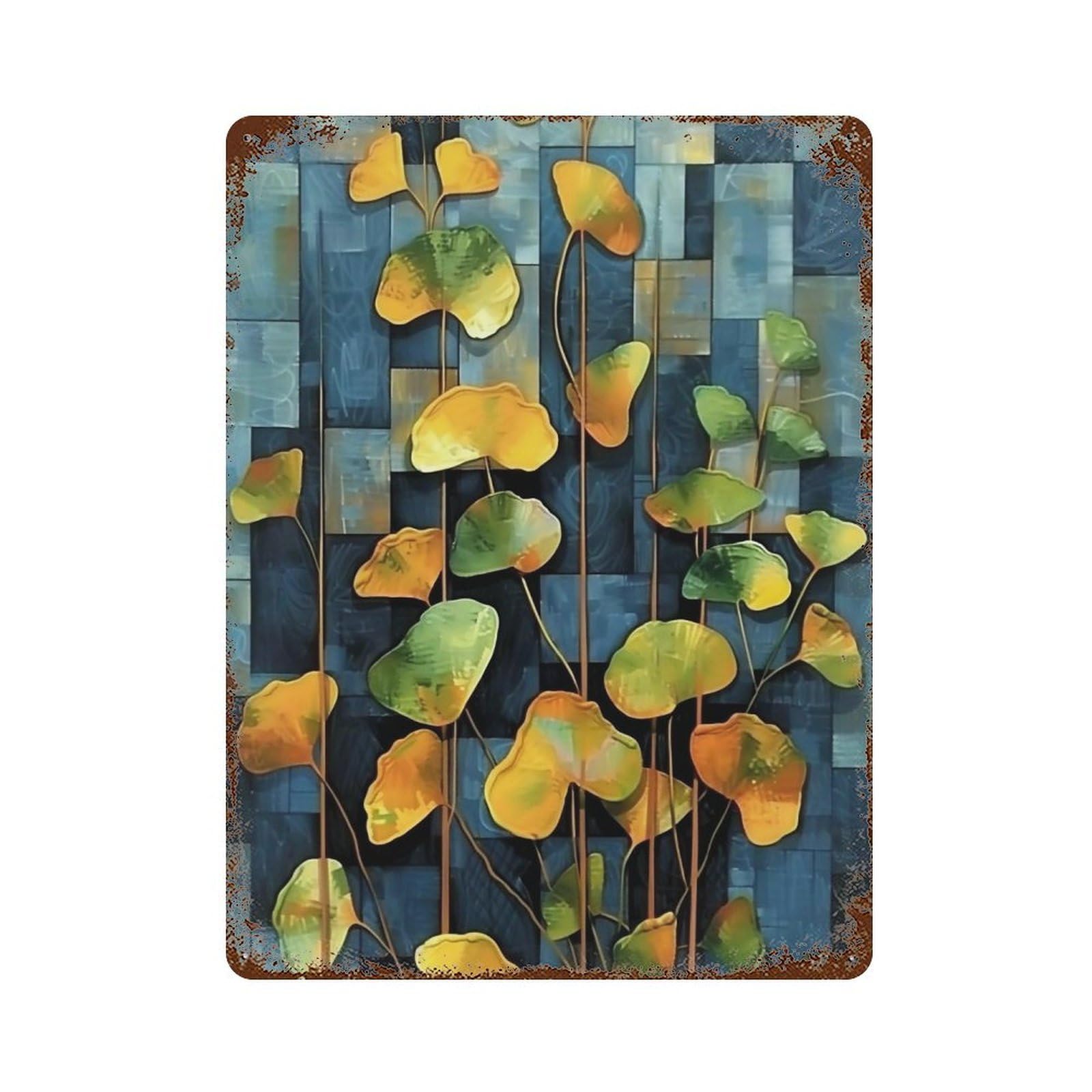 WUJHGRSG Impasto Geometric Block Golden Ginkgo Twigs 03 Wall Art Retro Iron Vintage Metal Tin Sign Poster Modern Decor for Home Cofffee Club Bar Shop Style 40x30cm