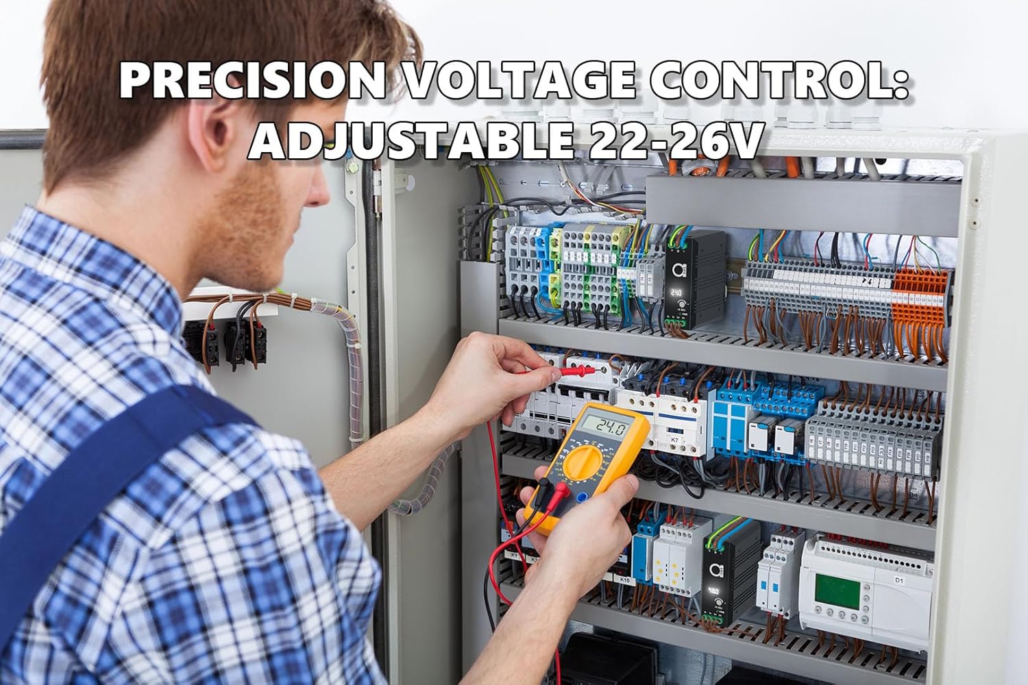 Industrial 24V 2A DIN Rail Power Supply (22–26V Adjustable, 48W) with 12-Port DC Power Distribution Module – LED Voltage Display, Fanless Aluminum, -40~85°C Operation, Overload & 6kV Surge Protection