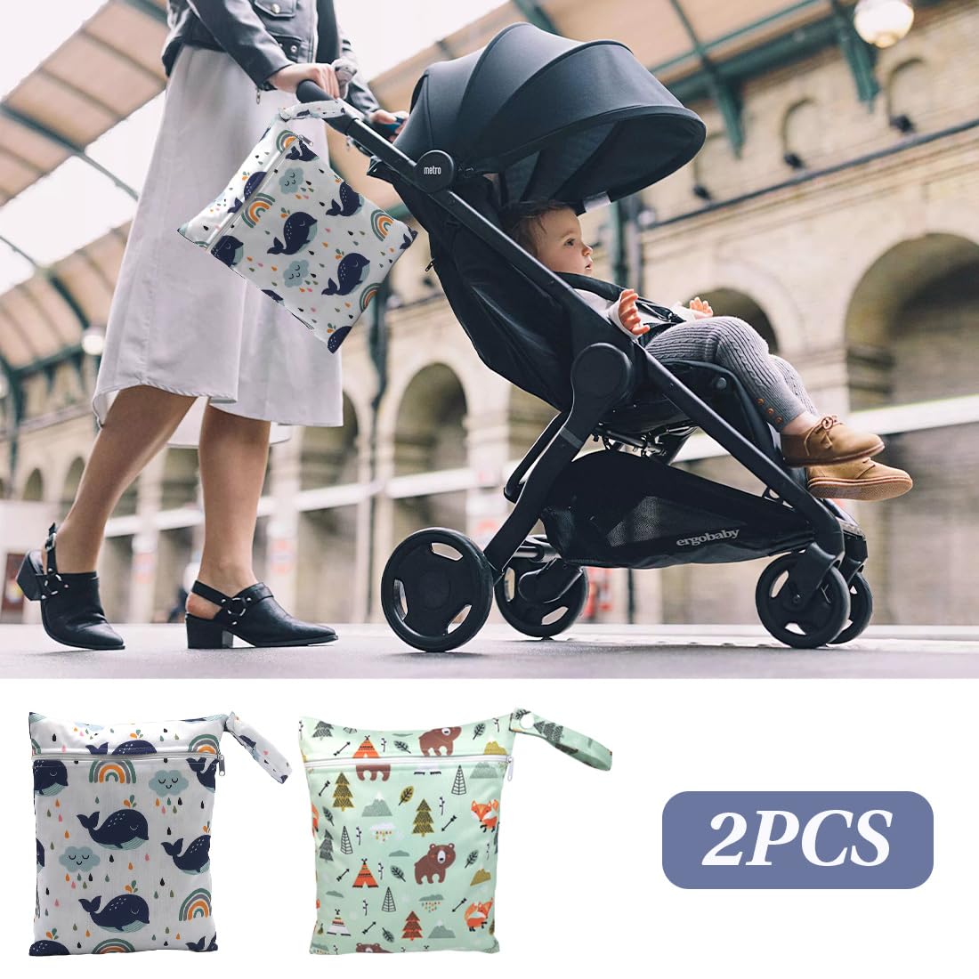 2 Pieces Washable Wetbag Diapers With Zipper Reusable Hanging Organizer 25x20 cm Classique