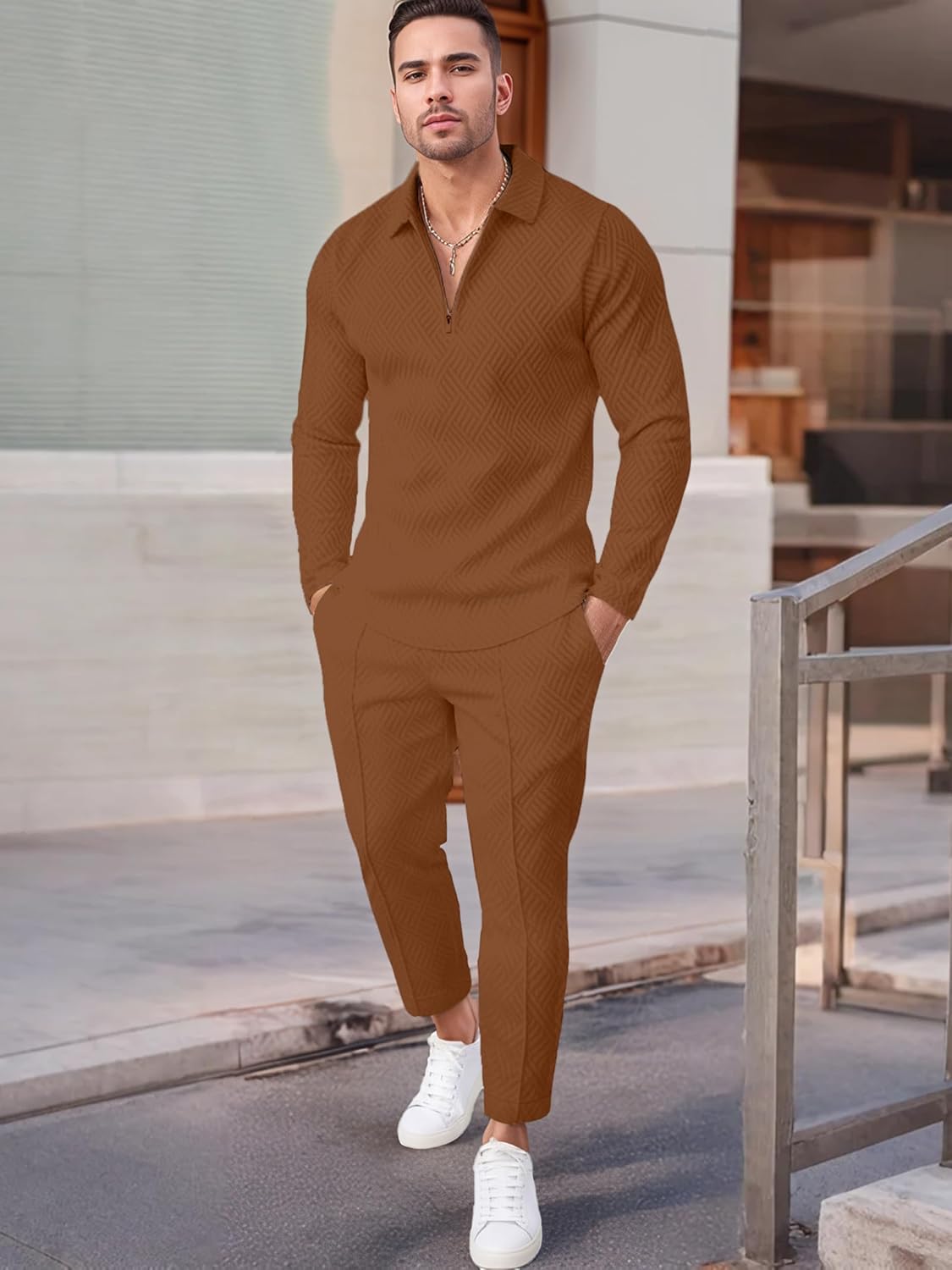 Bealin Mens Track Suits 2 Piece Outfits Casual Knit Jacquard Long Sleeve Zip Golf Shirt Joggers Sweatpants Sets Sweat Suit - Image 5