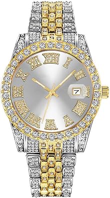 SENRUD Mens Diamond Watch Fashion Crystal Rhinestone Quartz Analog Watch Iced-Out Bracelet Wrist Watch