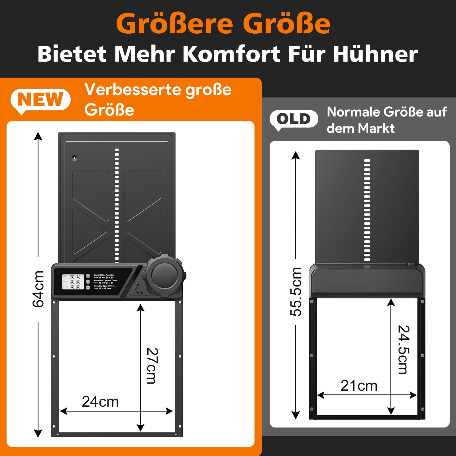 Große Automatische Hühnerklappe Batterie, Aluminum Hühnerklappe Automatisch mit Wasserdicht Großes Display, Timer, Manuelle, Intelligenter Einklemmschutz Elektrische Hühnertür