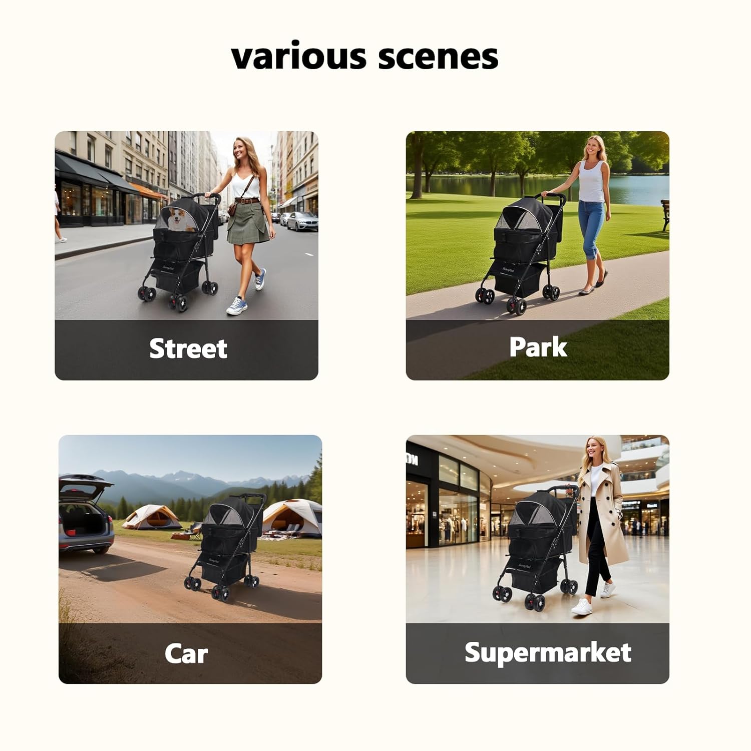 SUNNYFEEL Pet Stroller for Small Dogs and Cats, Iron Two-in-one Split, One-Click Foldable Dog Stroller, Holds up to 45 lbs, Storage Basket & Side Bag, Breathable Mesh, Black-pro