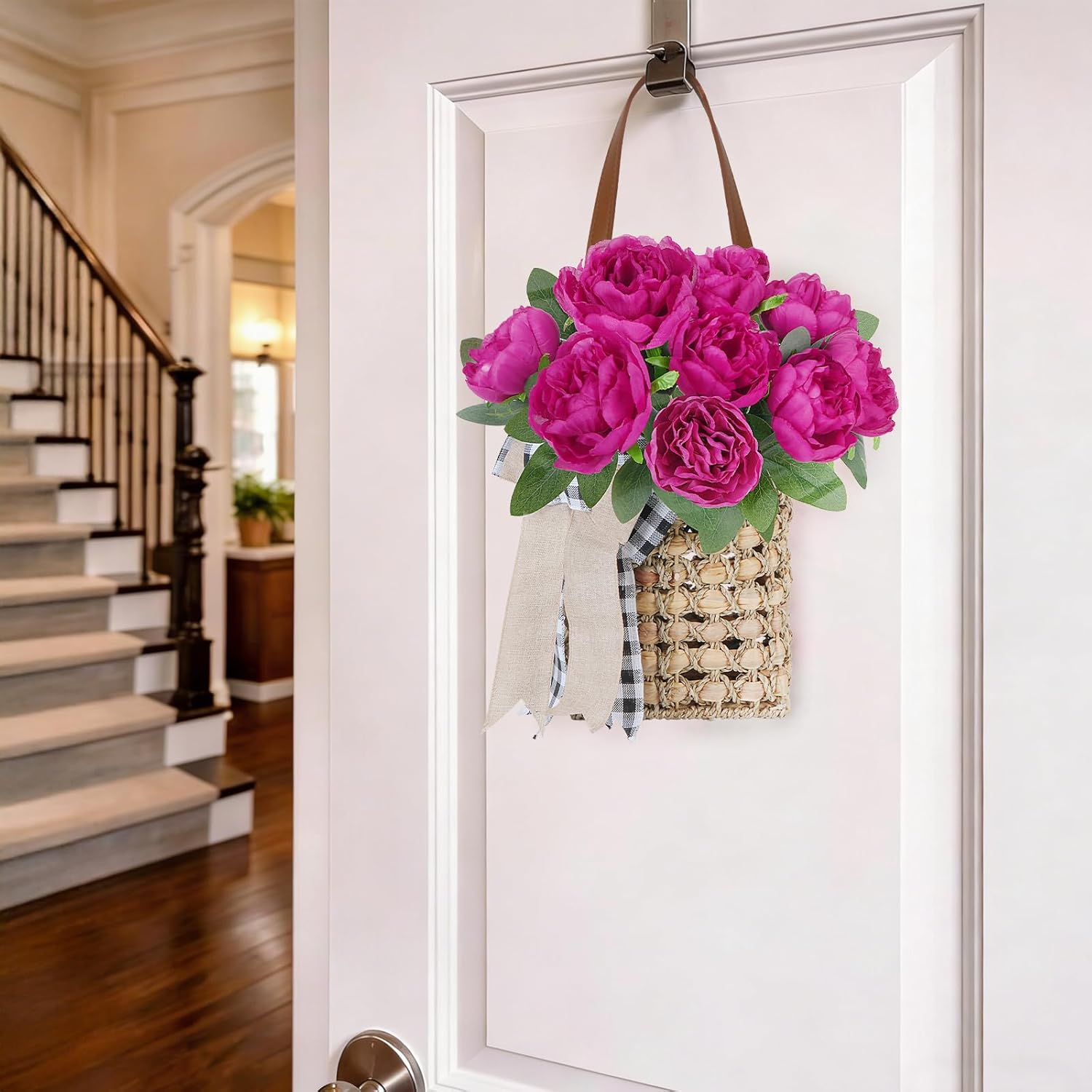 Front Door Basket with 10 Pcs Peonies Artificial Flowers 17in Hanging Basket for Front Door, Woven Wall Baskets for Spring Summer Garden Farmhouse Home Boho Wall Decor