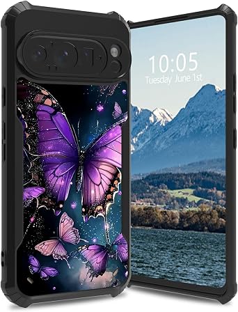 Case for Google Pixel 9 Pro, Slim Shockproof Protective Phone Cover with Acrylic Back and Soft TPU Bumper, Anti-Scratch Drop Protection for Pixel 9 Pro,Purple Butterfly Flying