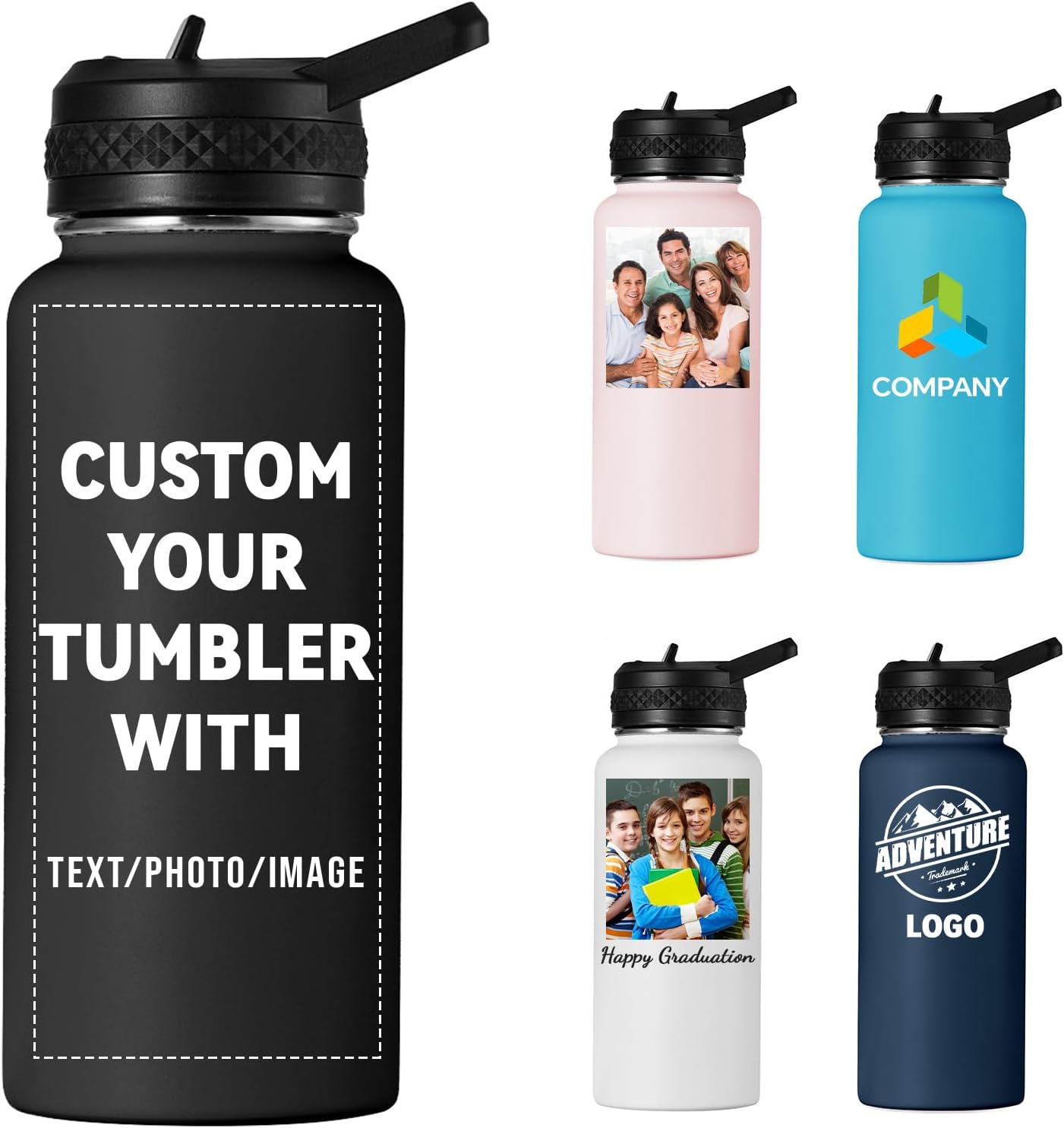 Personalized 32oz Water Bottle, Insulated Sport Water Bottle with Leak-proof Lid, Custom Water Bottle with Photo, Text, Logo, Print in USA, Black, 1 Pack