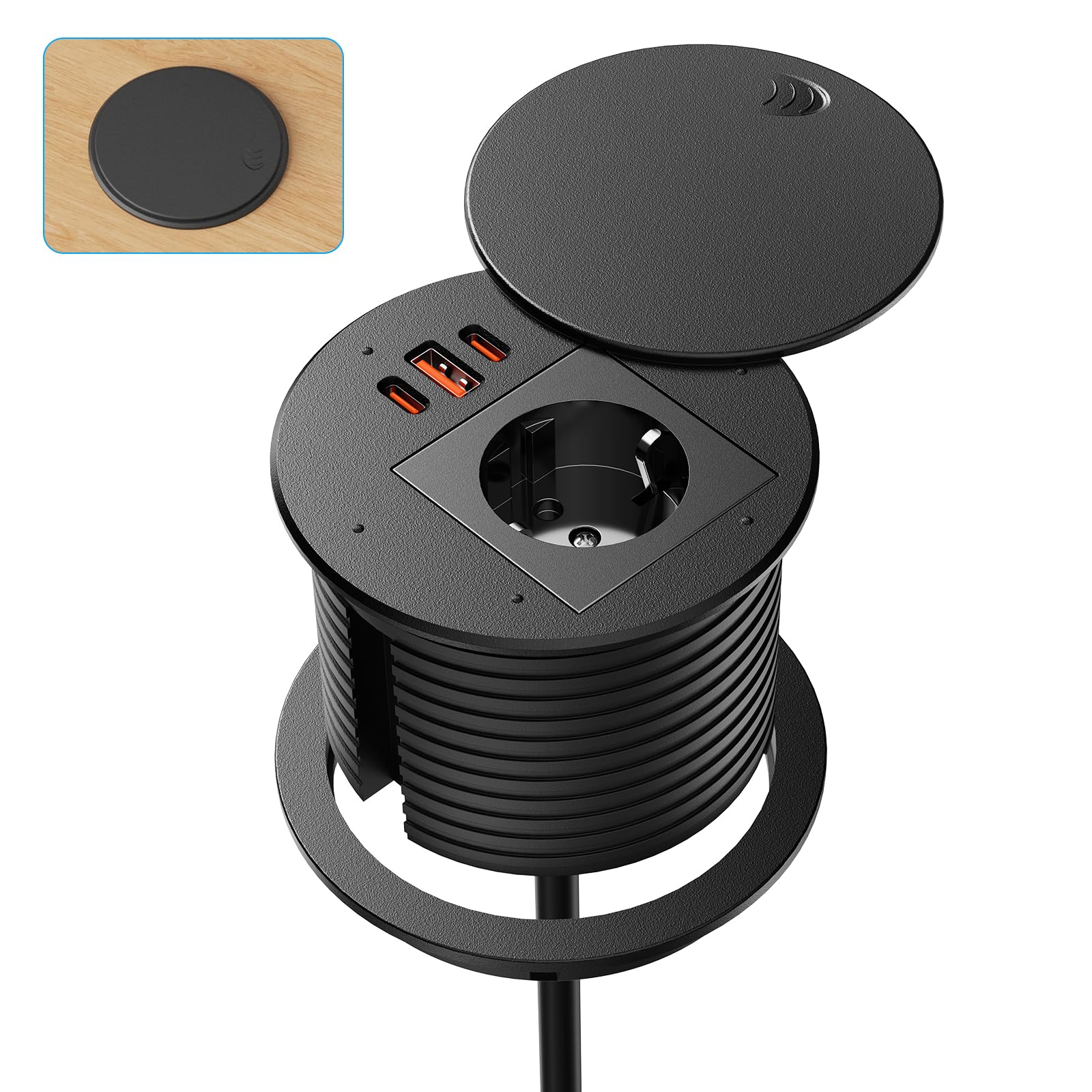 Gniazdo wpuszczane z USB C PD 35 W, wpuszczana listwa zasilająca z pokrywą, wysuwana wtyczka do blatu roboczego, meble kuchenne, kabel 1,8 m