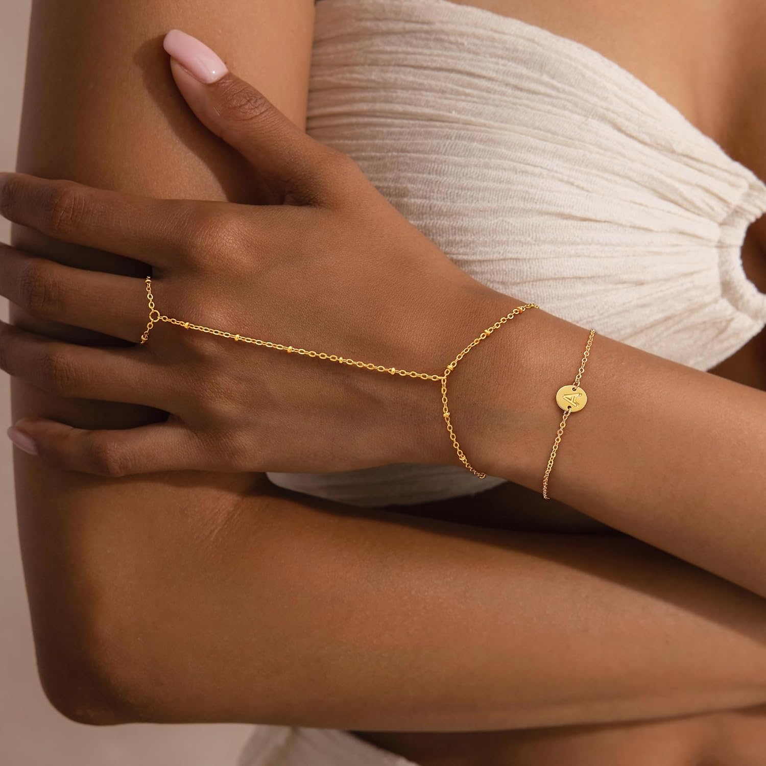 Christmas Gifts for Women Hand Chain Bracelet for Women - Dainty 14k Gold Plated Minimalist Finger Ring Bracelet Stack Letter A-Z Initial Link Charm Bracelets Non Tarnish Trendy Jewelry Gifts - Image 7