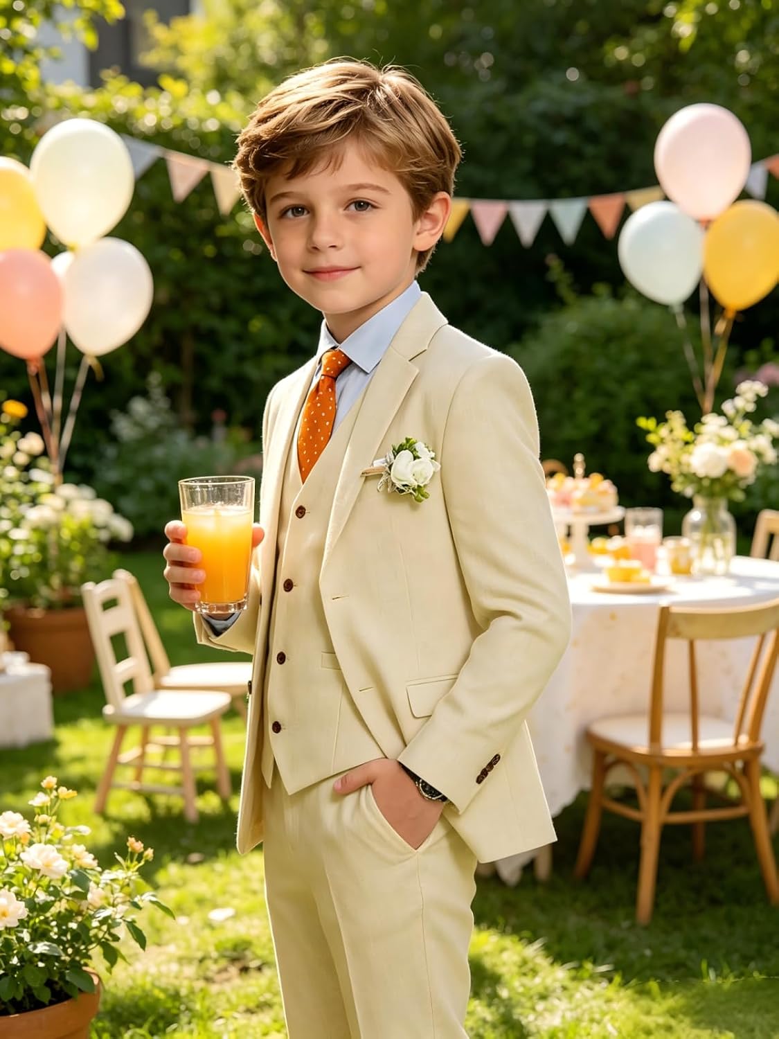 Boys Linen Suit Kids Beach Wedding Tuxedo Ring Bearer Outfit 3 Piece Lightweight Blazer Pants Set Graduation Prom