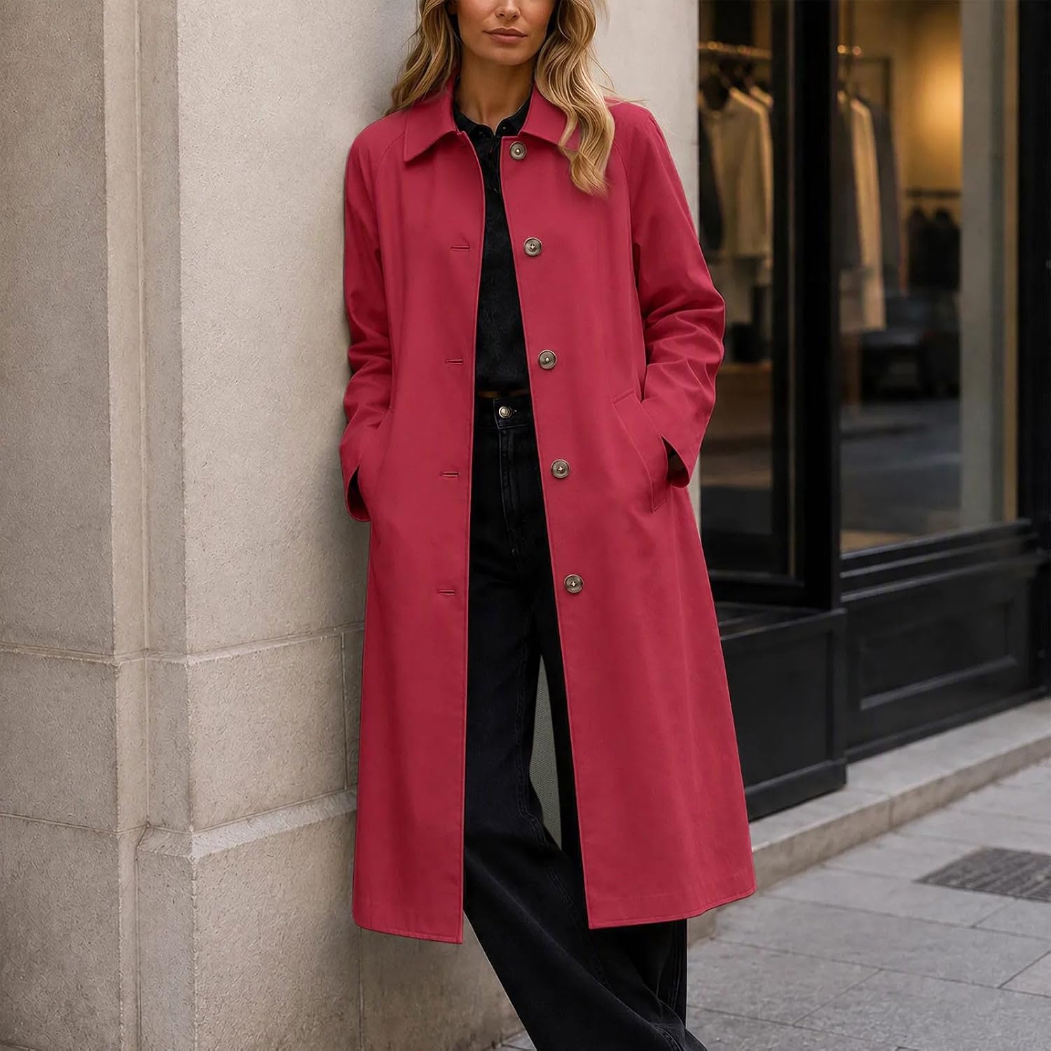 Women's Trench Coat Collared Button Front Classic Longline Jacket