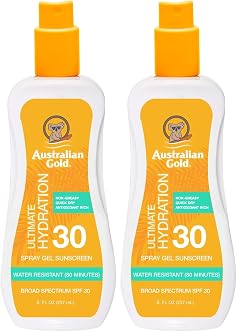 Australian Gold Spray Gel Sunscreen Moisturize Hydrate Skin Broad Spectrum Water Resistant NonGreasyc Oxybenzone Free Cruelty Free SPF