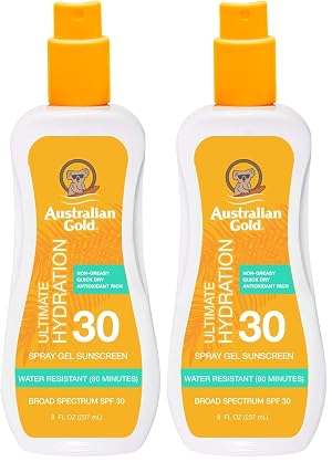 Australian Gold Spray Gel Sunscreen Moisturize Hydrate Skin Broad Spectrum Water Resistant NonGreasyc Oxybenzone Free Cruelty Free SPF