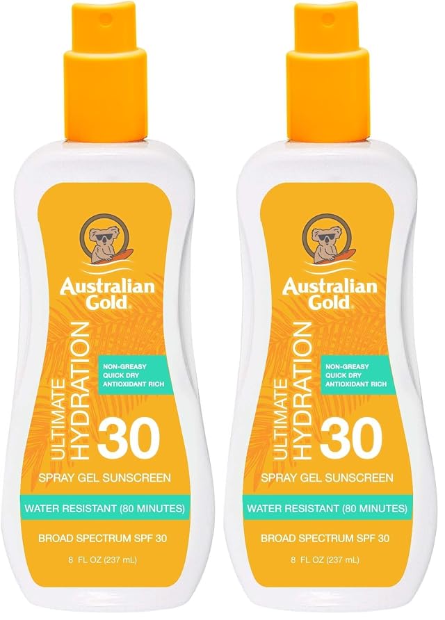 Australian Gold Spray Gel Sunscreen Moisturize Hydrate Skin Broad Spectrum Water Resistant NonGreasyc Oxybenzone Free Cruelty Free SPF