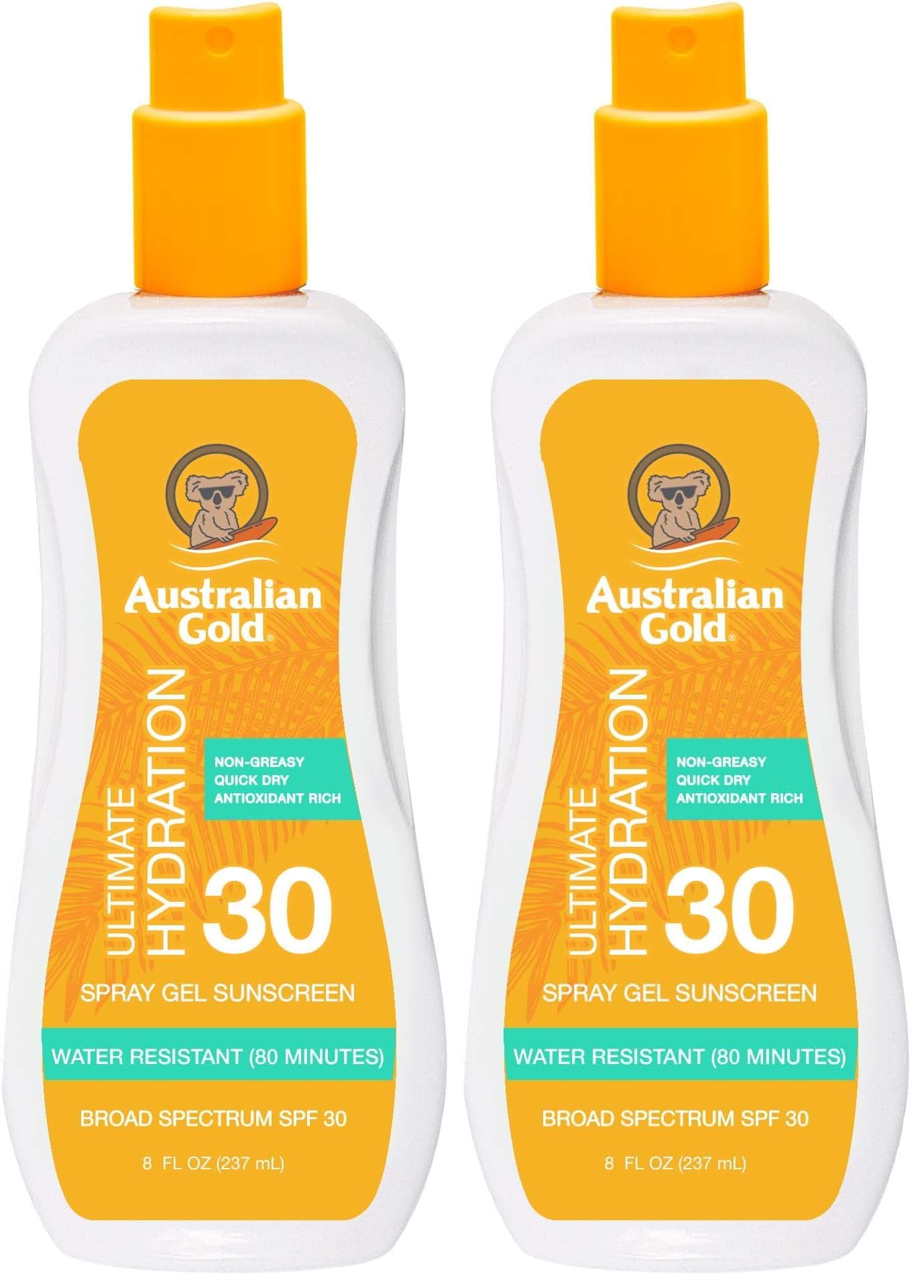 Australian Gold Spray Gel Sunscreen Moisturize Hydrate Skin Broad Spectrum Water Resistant NonGreasyc Oxybenzone Free Cruelty Free SPF