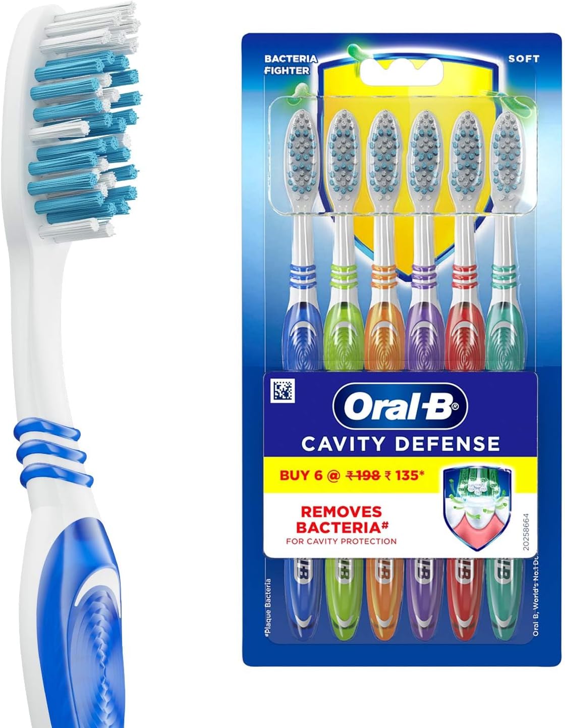 Oral-B Cavity Defense Soft Manual Toothbrush For Adults, Soft Bristles, Removes Bacteria for Cavity Protection, Multicolour, Oral B Dentist Recommended Brand (Super Saver Family Pack of 6)