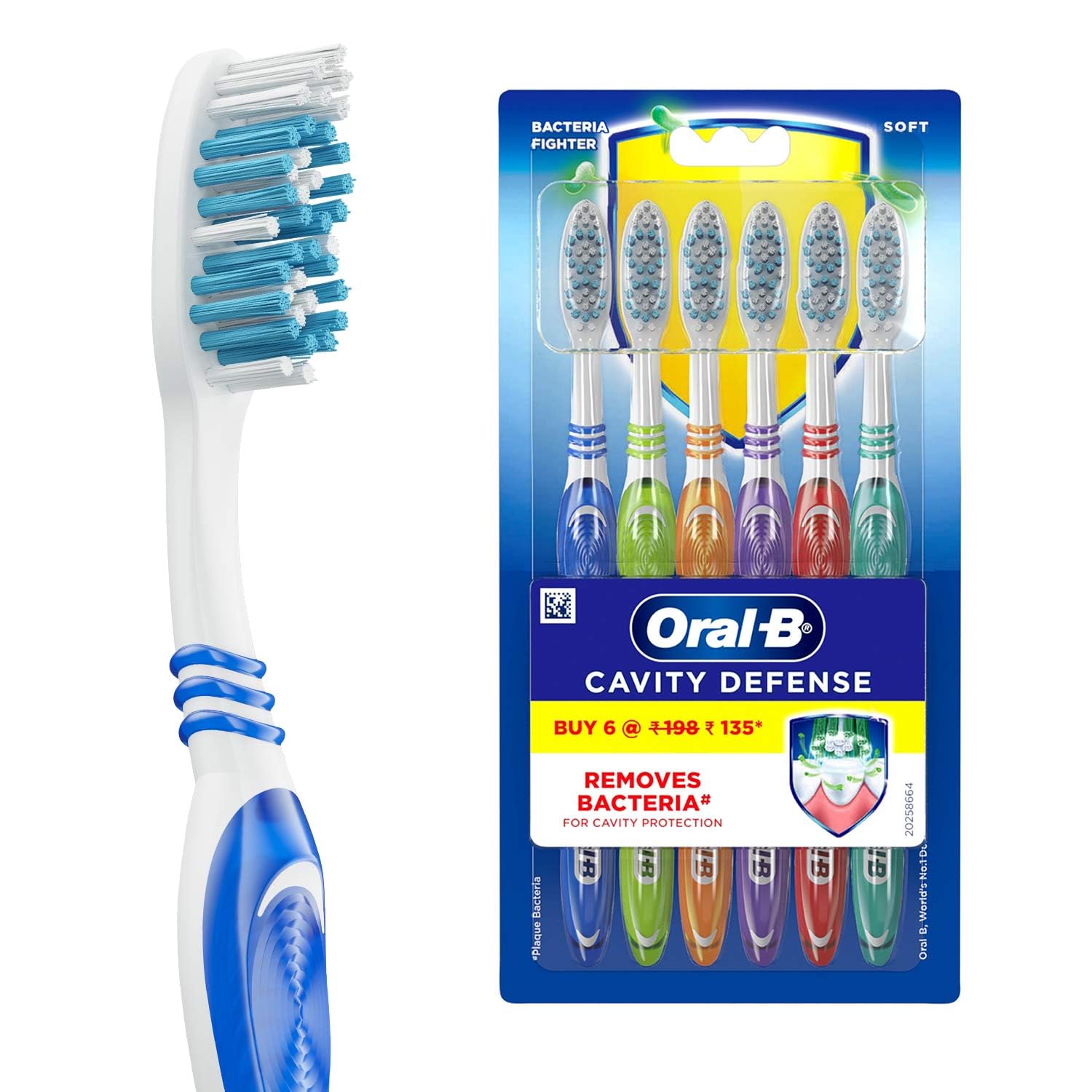 Oral-B Cavity Defense Soft Manual Toothbrush For Adults, Soft Bristles, Removes Bacteria for Cavity Protection, Multicolour, Oral B Dentist Recommended Brand (Super Saver Family Pack of 6)