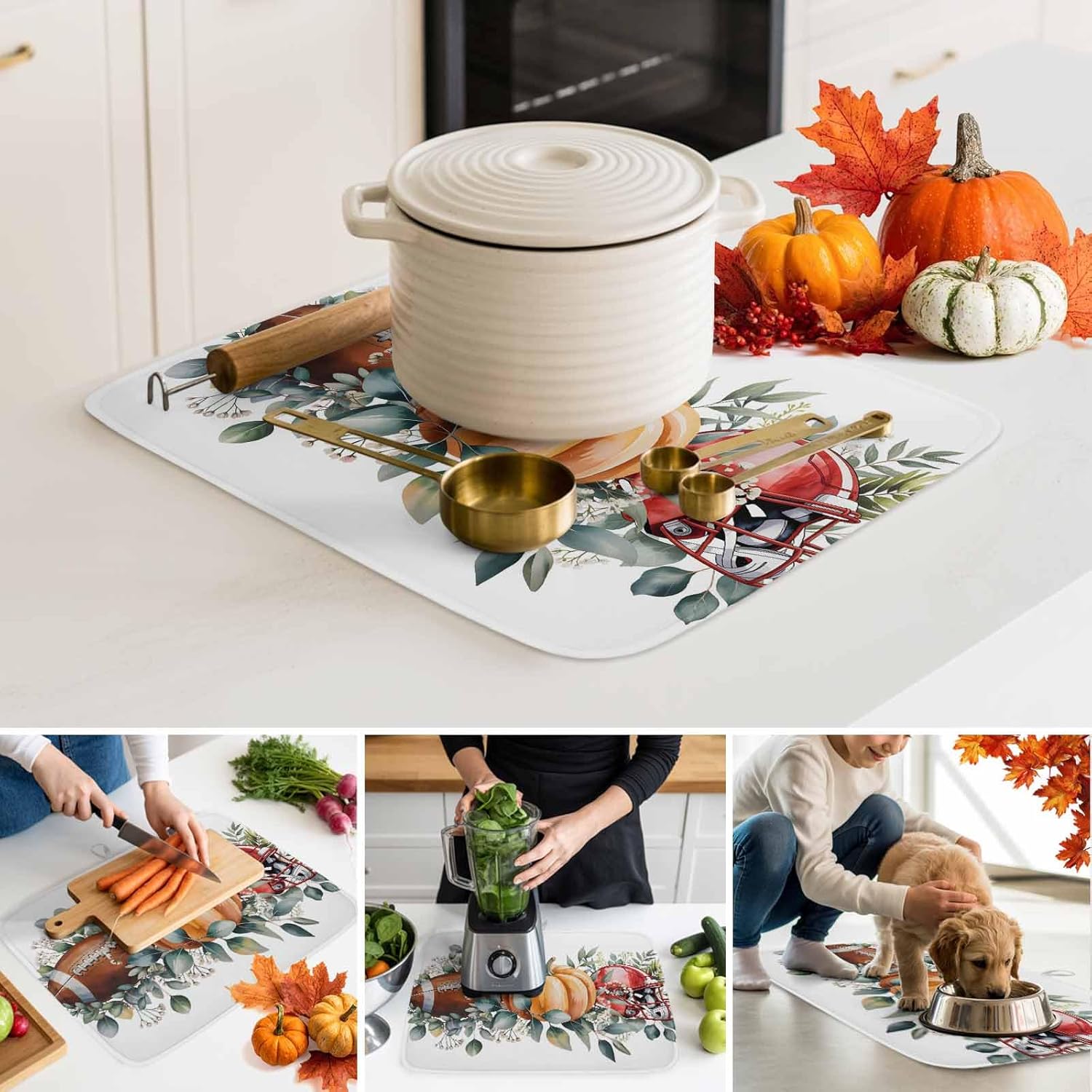 Watercolor Pumpkin Eucalyptus Leaf Dish Drying Mats for Kitchen Counter,Absorbent Microfiber Dish Drainer Rack Mat Retro Autumn Rugby Helmet Drying Pad for Sinks,Utensils,Countertops,18x24in