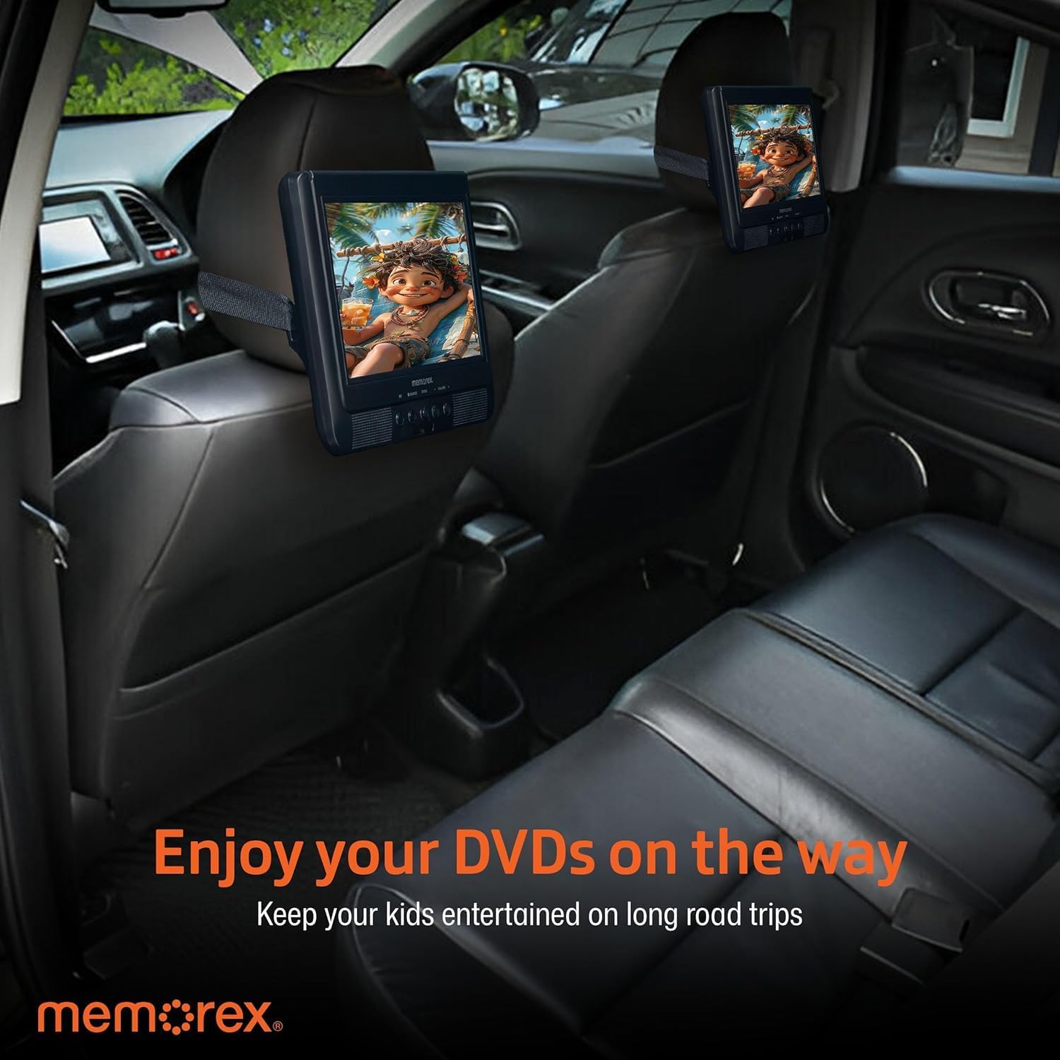 Two Memorex MX-PDV200 DVD players mounted on the back of car seats, displaying a movie for rear passengers.
