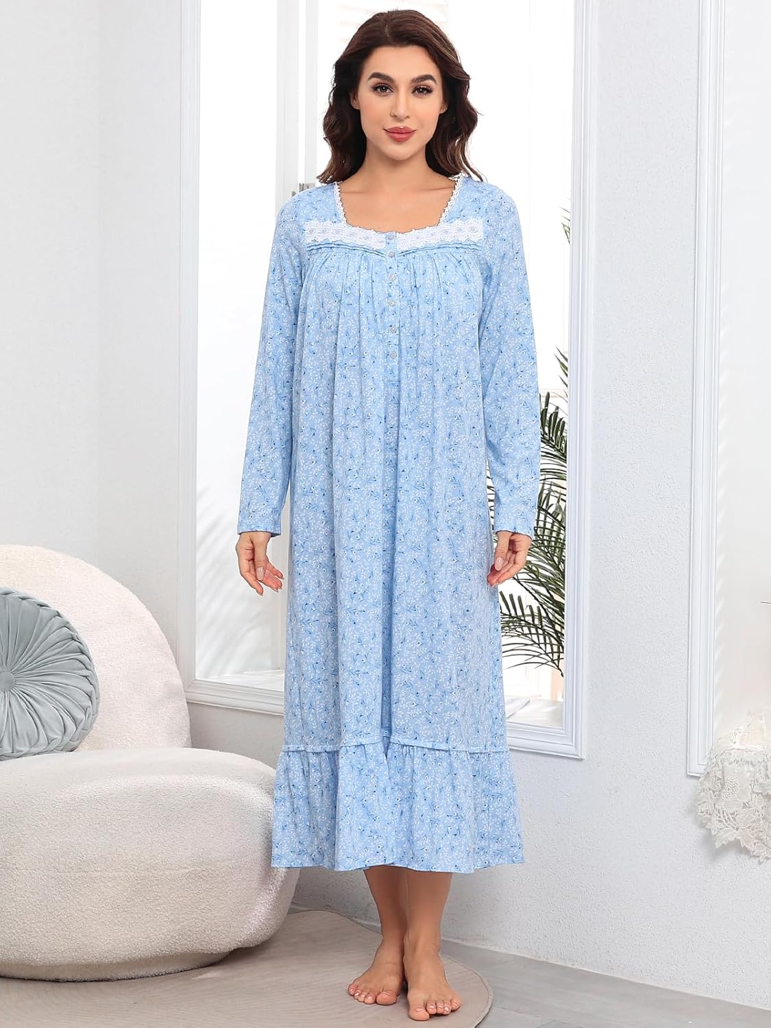 FMIRREO Long Sleeve Nightgowns for Women Soft Cotton Night Gowns Victorian Nightdress Vintage House Dress - Image 2