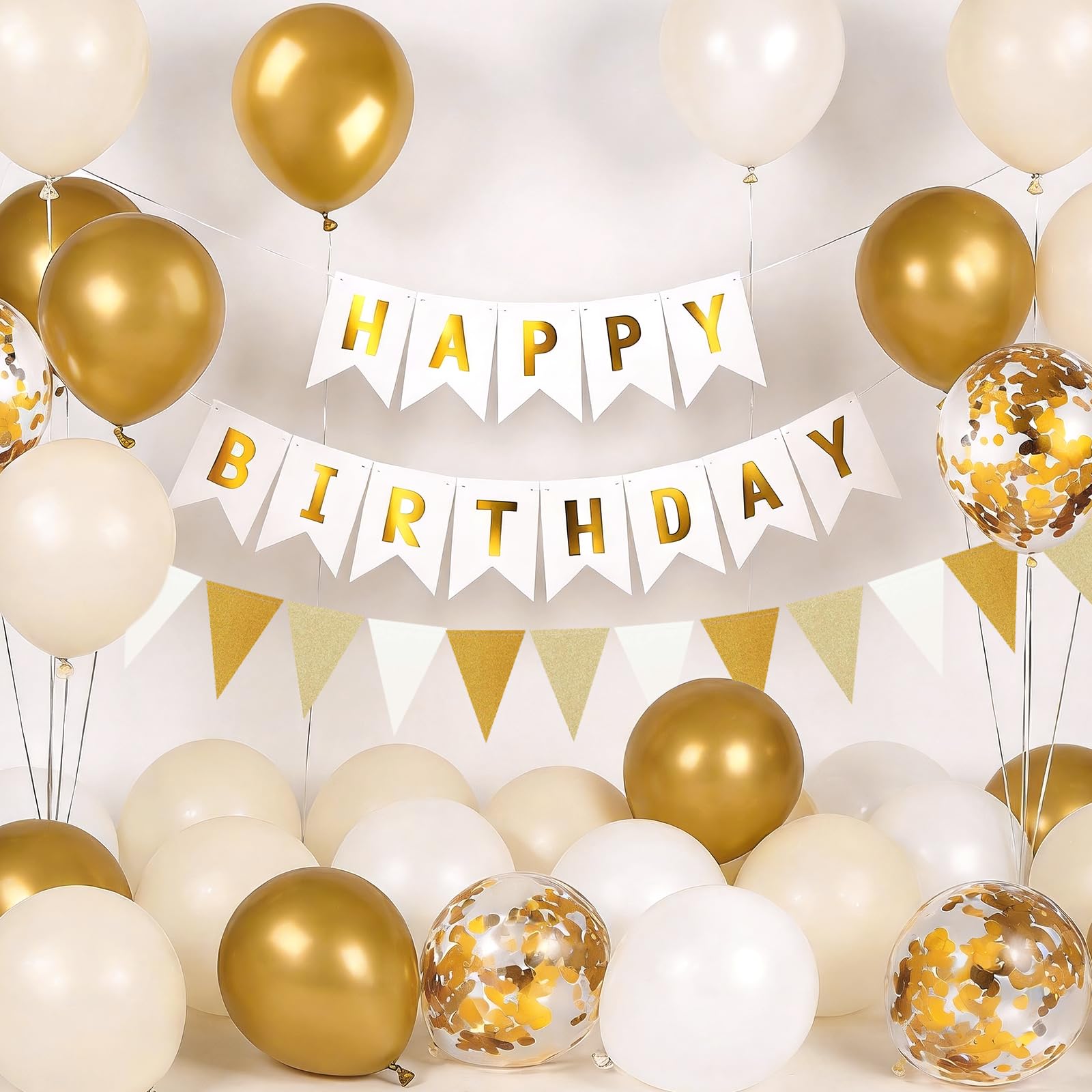 42 Pcs White Gold Banner & Balloons for Birthday