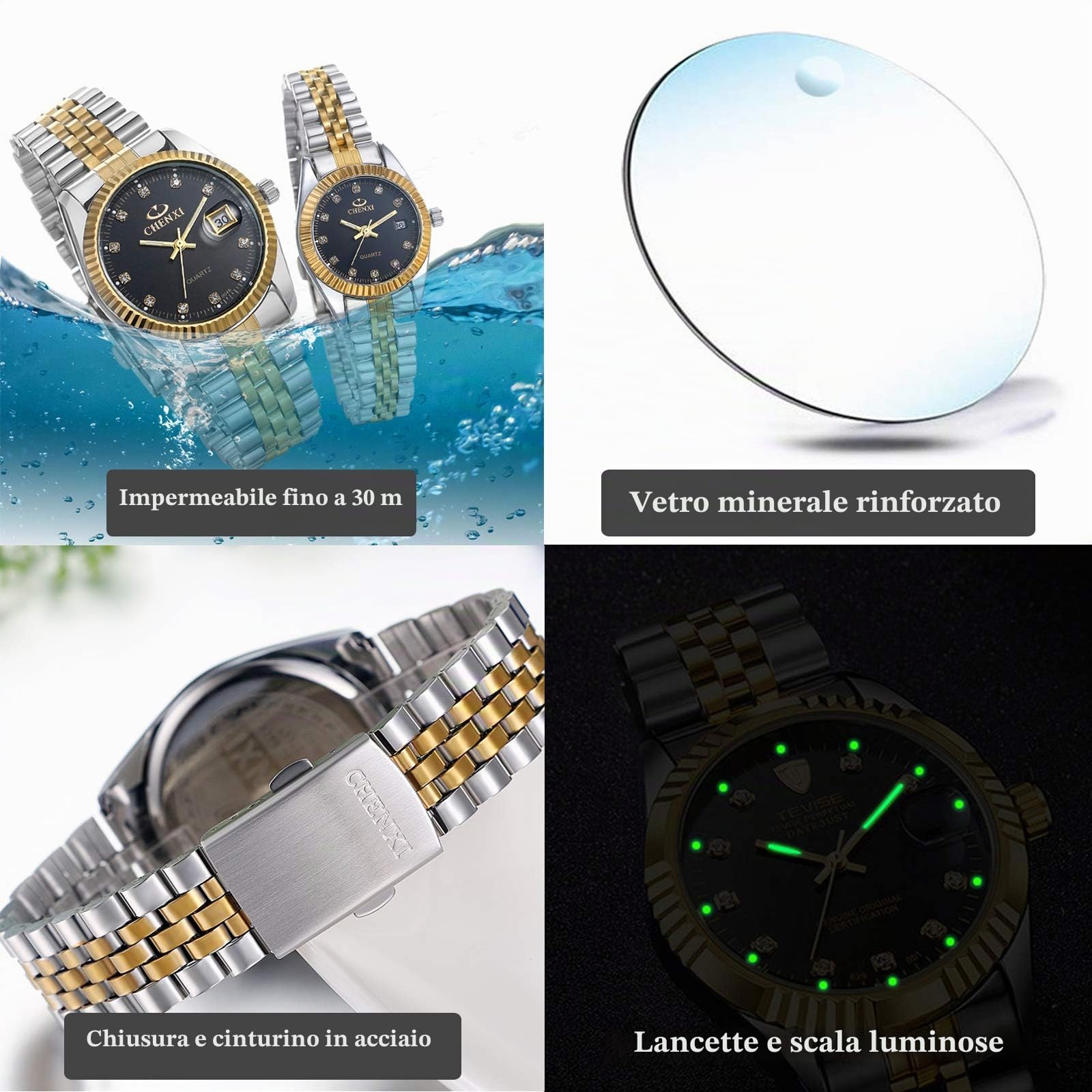 JewelryWe Coppia di orologi al quarzo analogici, con calendario impermeabile fino a 30 m, cinturino in acciaio inox, per uomo e donna, con quadrante con strass