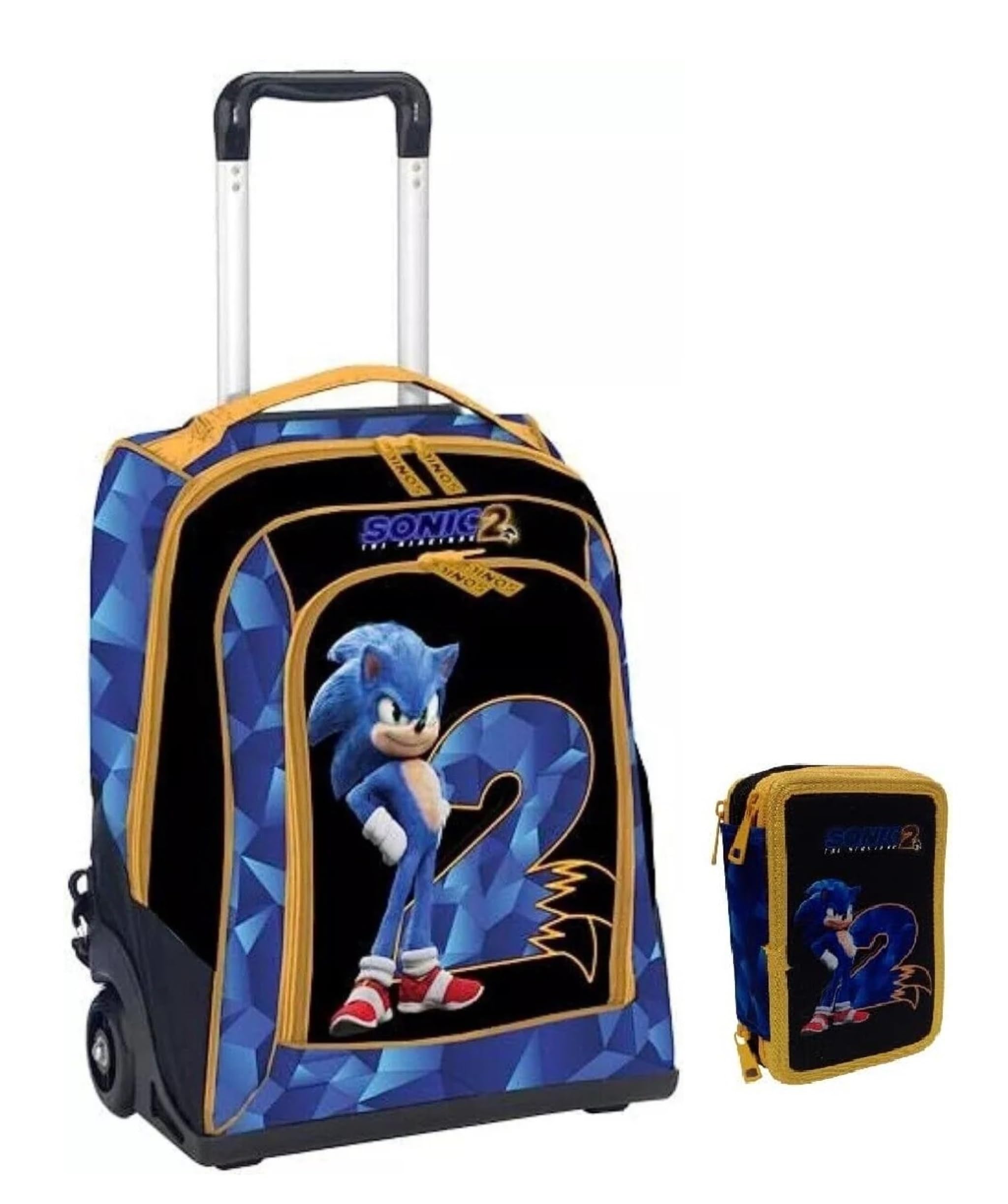 PRESTIGE & DELUXE Trolley zaino Scuola Sonic 2 + astuccio 3 piani completo di cancelleria + omaggio orologio digitale Sonic e 7 penne cancellabili