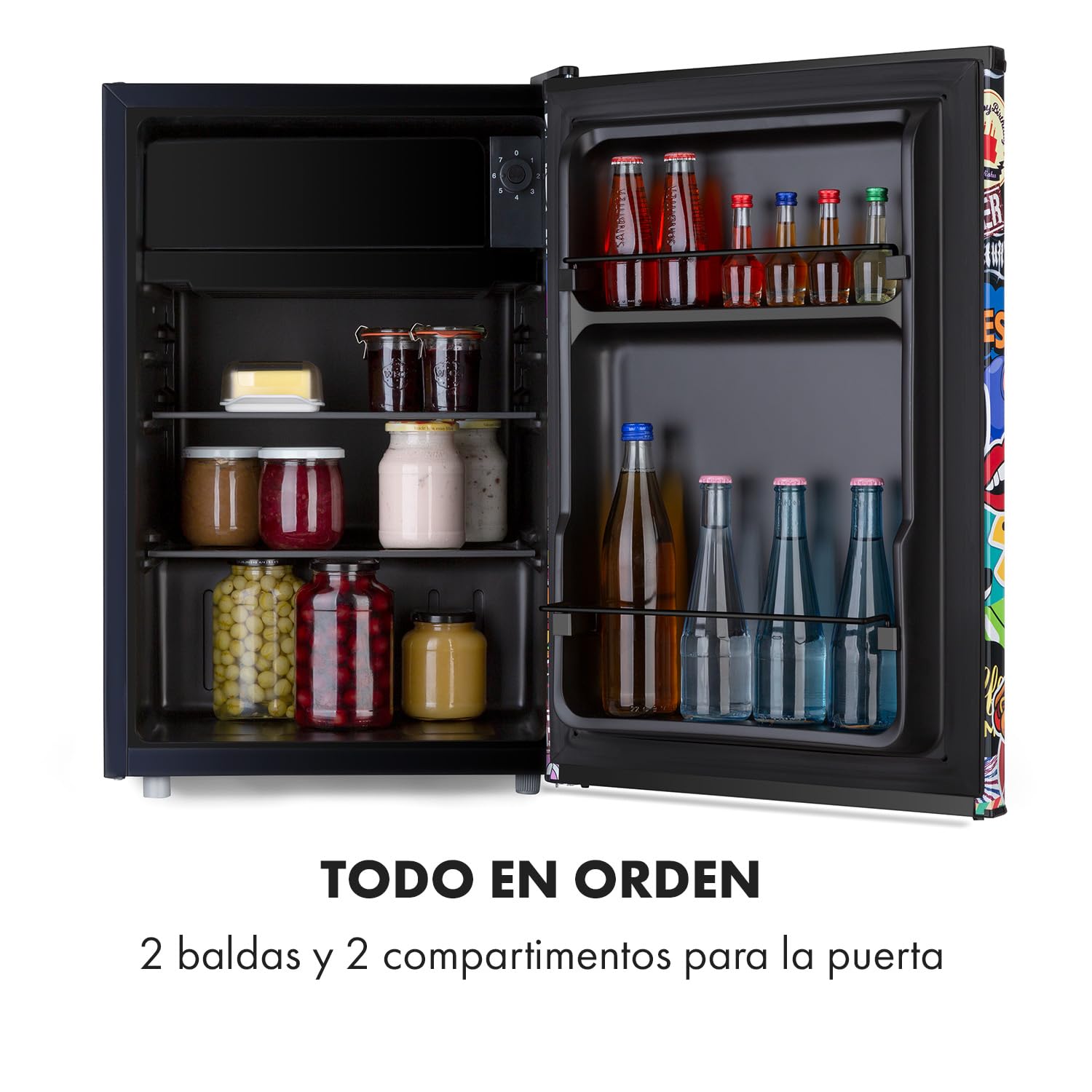 Klarstein Cool Vibe - Refrigerator, capacity: 70 litres, VividArt Concept: door with sticker bomb design print, ice compartment, ice cube tray, noise level: 42 dB, black