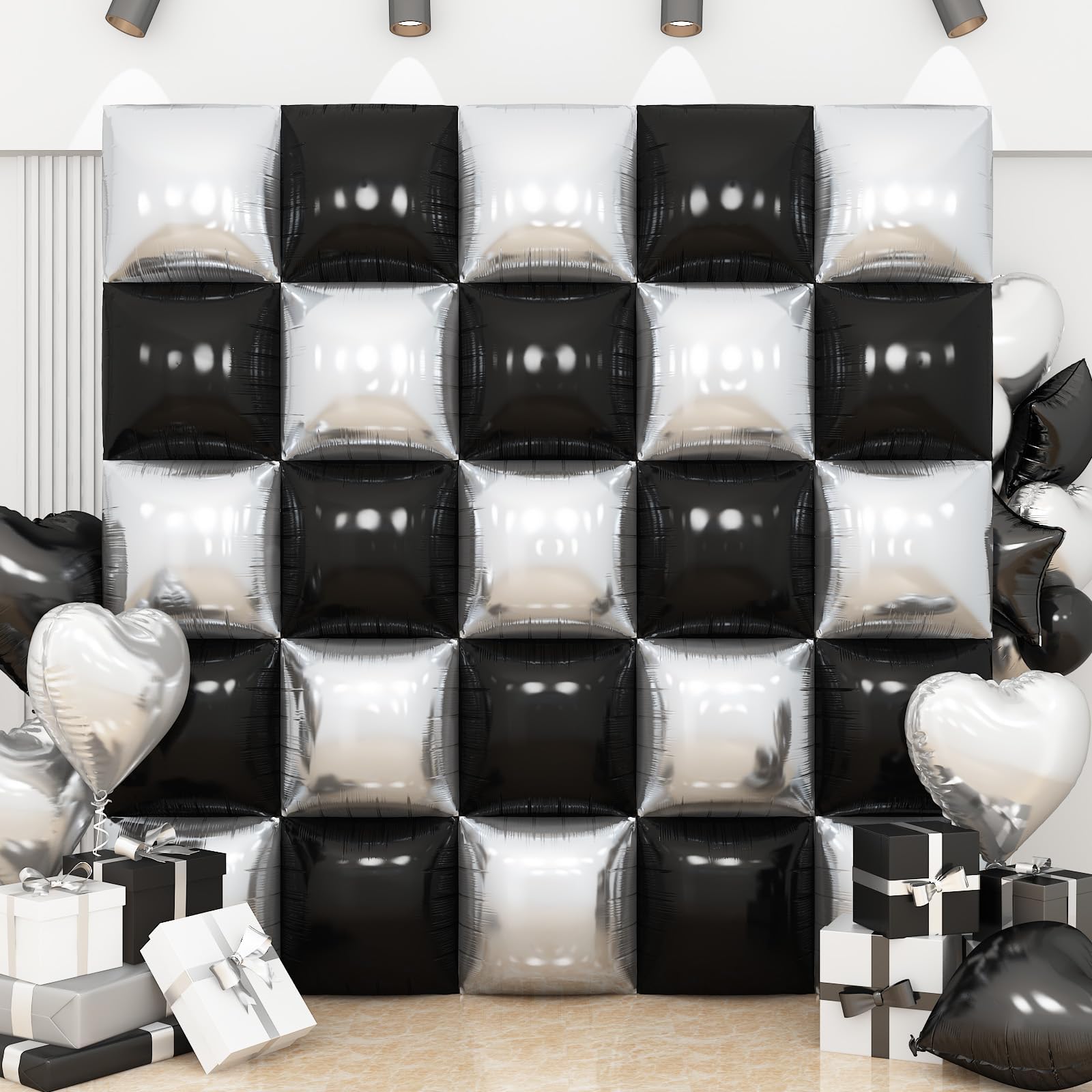 Black Silver Square Foil Balloon Wall,25Pcs Double Sided Foil Balloons Backdrop Helium Polyester Tunnel Arch Garland Kit for Birthday Bridal