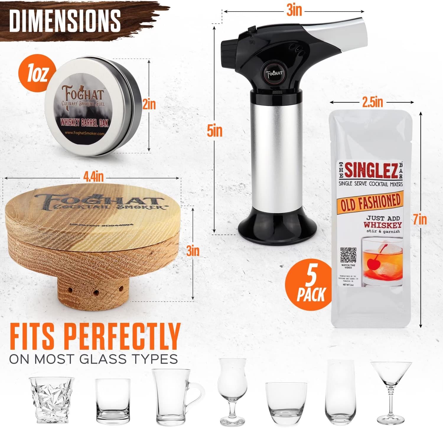 The Foghat Cocktail Smoker and Old Fashioned Smoked Cocktail Kit with Torch (no Butane) w/Bourbon Barrel Oak Wood Chips (4oz) and Singlez Bar Old Fasioned Mix Packets - Whiskey Smoker Kit for Drinks