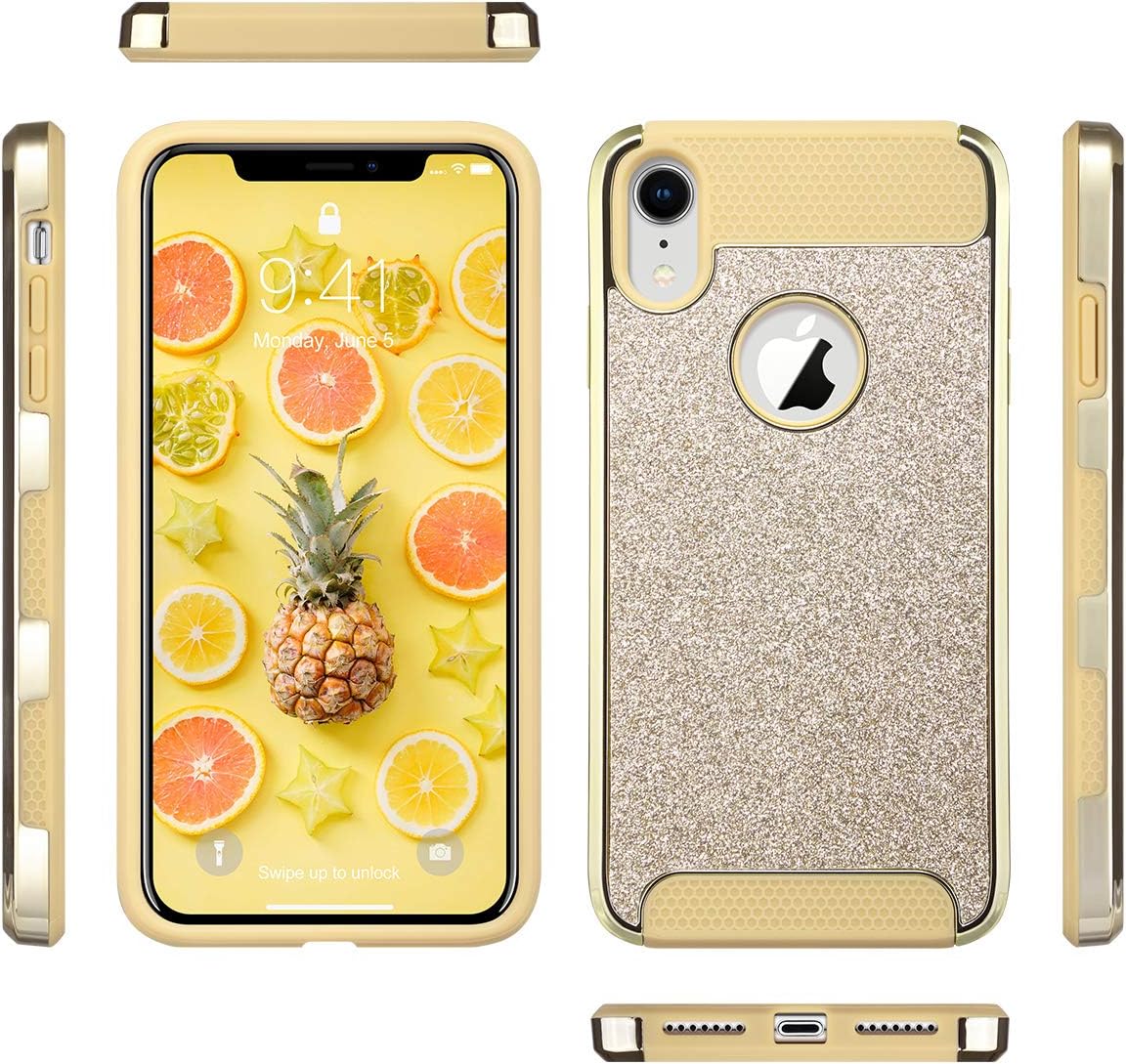 ULAK iPhone XR Case, Luxury Glitter 2 in 1 Dual Layer Slim Fit Soft TPU Hard Laminated with Sparkly Shiny Faux Leather Chrome Shockproof Protective Cover, Gold