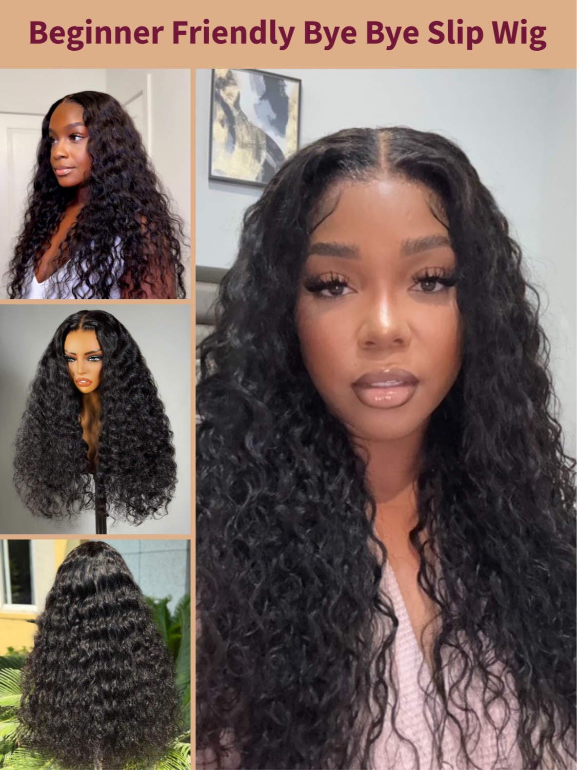 Beauty Forever No Slip Water Wave Human Hair Wig 7x5 HD Lace Bye Bye Knots Glueless Drawstring Wig, Pre Cut Pre Plucked Bleached Knots Wear & Go Deep Stretch Cap14inch
