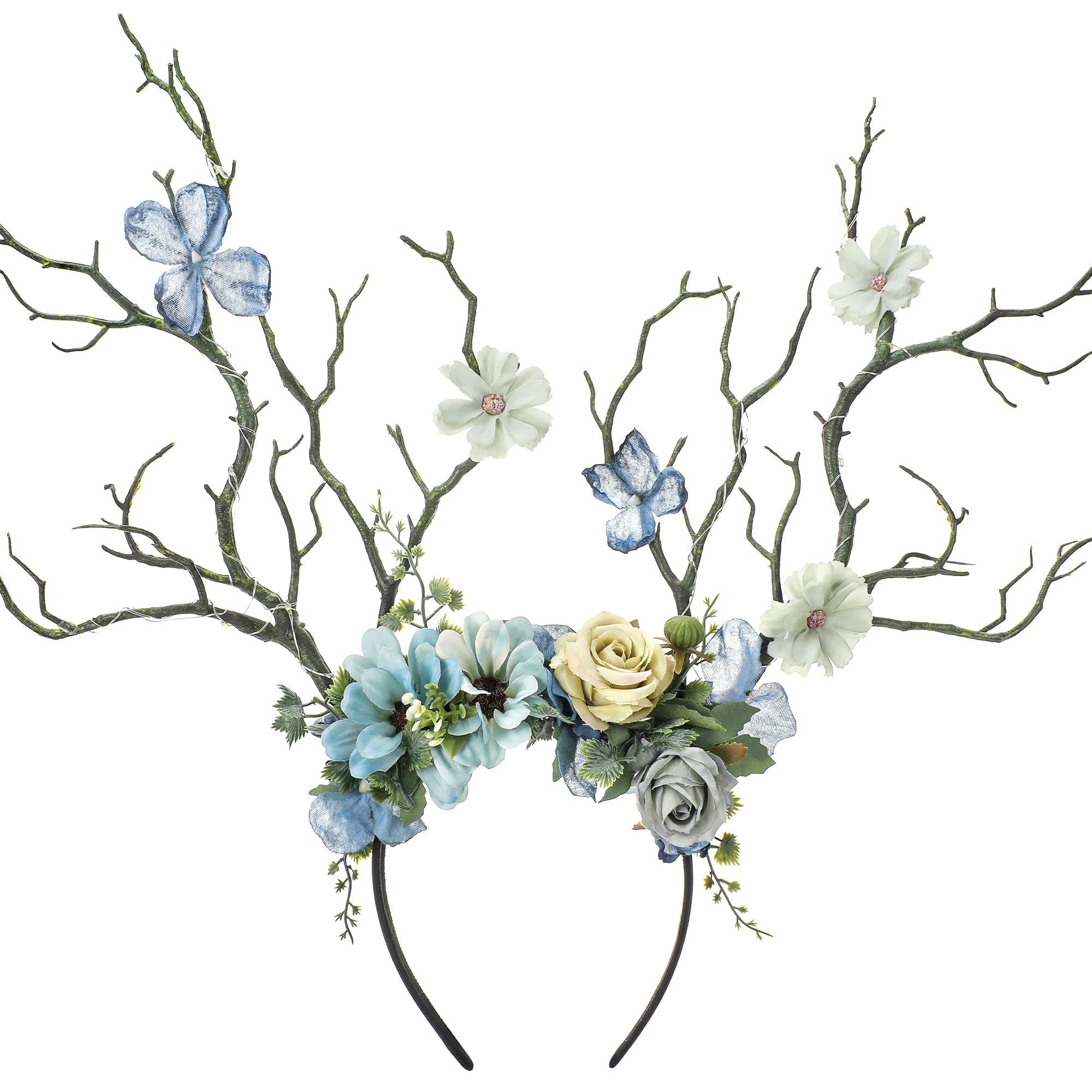 MOSTORY Woodland Antlers Headband Branch Headdress for Renaissance Costume Women, Blue Deer Headpiece with Flowers for Fairy Cosplay Carnival Halloween Festival Hair Accessories