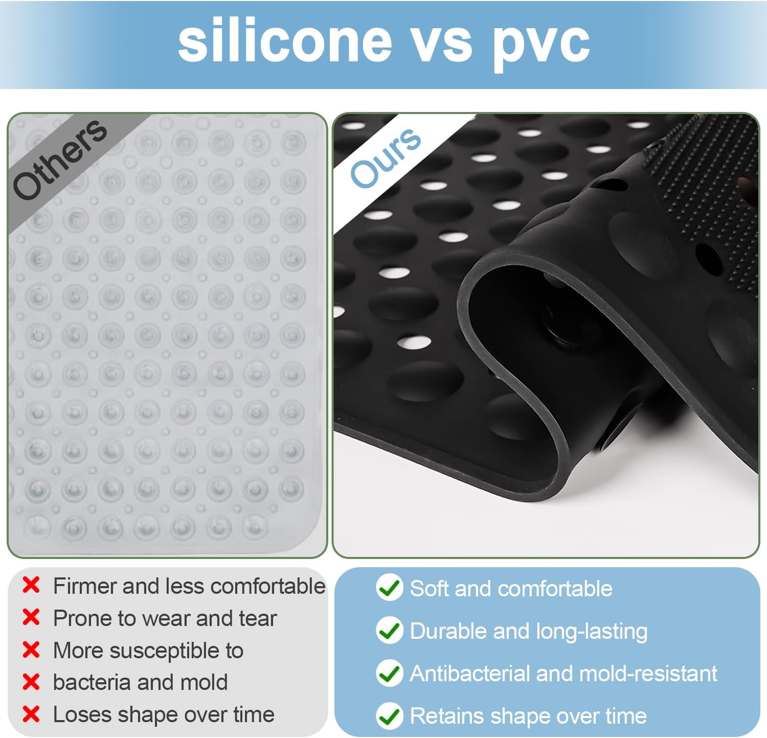 Silicone Non Slip Bathtub Mat 36" x 16", Extra Long Massage Bath Mat for Tub, Soft & Comfortable Shower Mat, Machine Washable Bath Mat for Bathroom and Shower (Black)