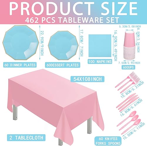 Miniatura 3 de 462 piezas de suministros para fiesta de revelación de género del bebé, vajilla de plástico que incluye platos de papel azul y rosa para 60 tazas de