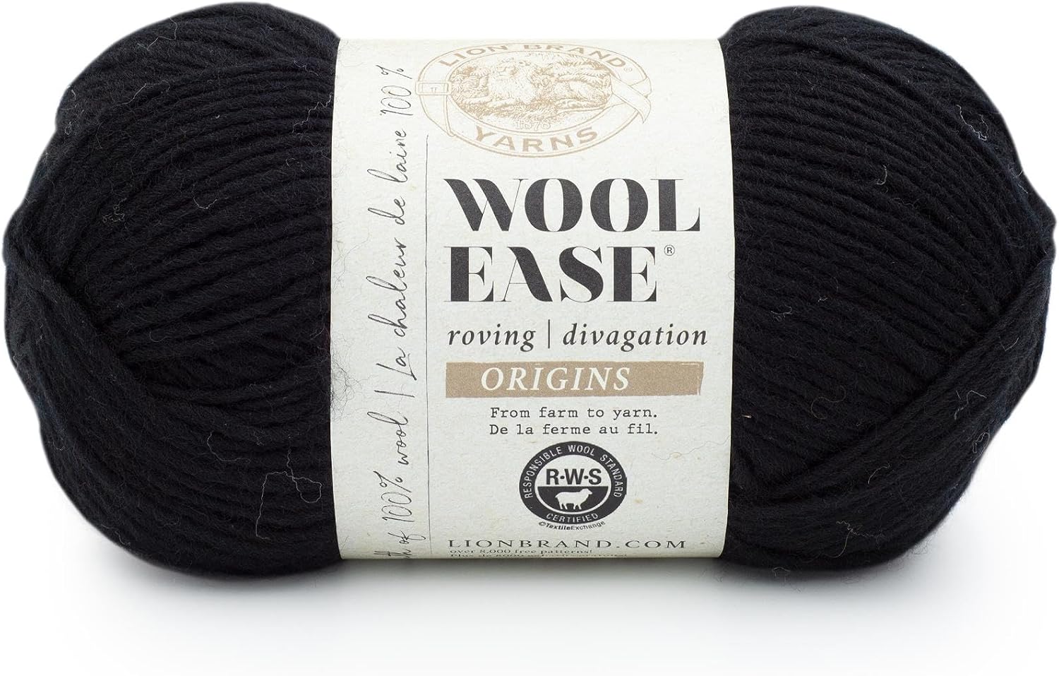 Lion Brand Yarn WoolEase Roving Origins Yarn, Black
