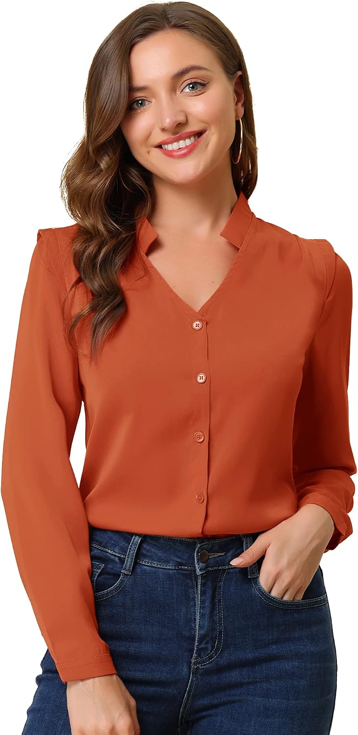 Allegra K Women's Work Office Button Up Shirt Long Sleeve Smooth V Neck Blouse Top 2025