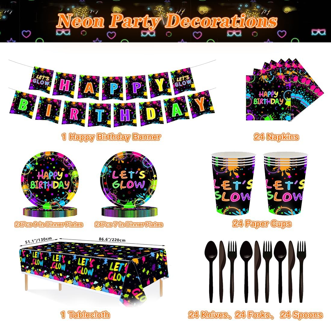 188 Pcs Neon Party Supplies, Glow In The Dark Party Supplies Include Dinnerware, Napkins, Cups, Balloons, Tablecloths And Birthday Flags With Neon Party Decorations For 24 People