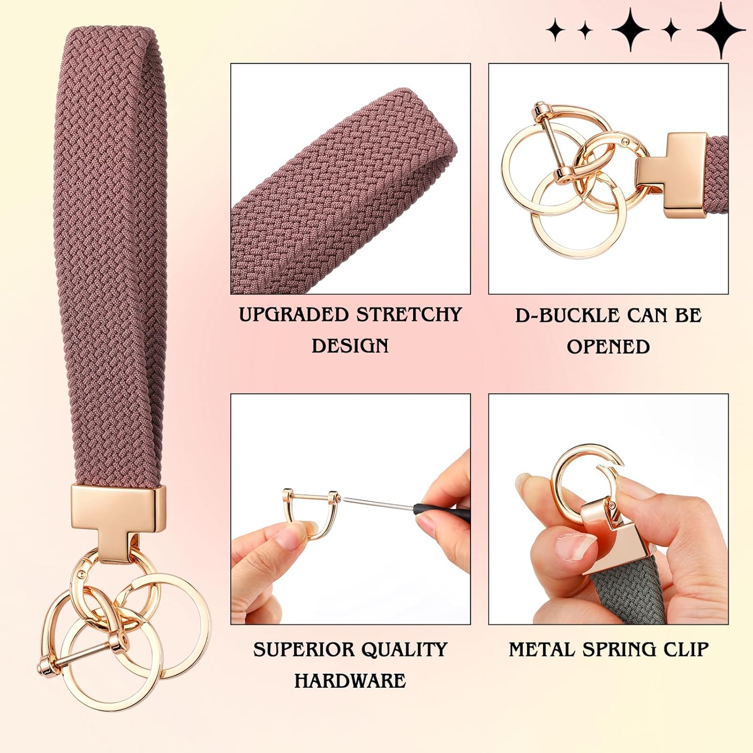 Nosiny 3 Pcs Stretchy Keychain Wristlet Woven Wrist Lanyard for Car Keys Cute Key Chain with 3 Keyrings and D-ring - Image 3