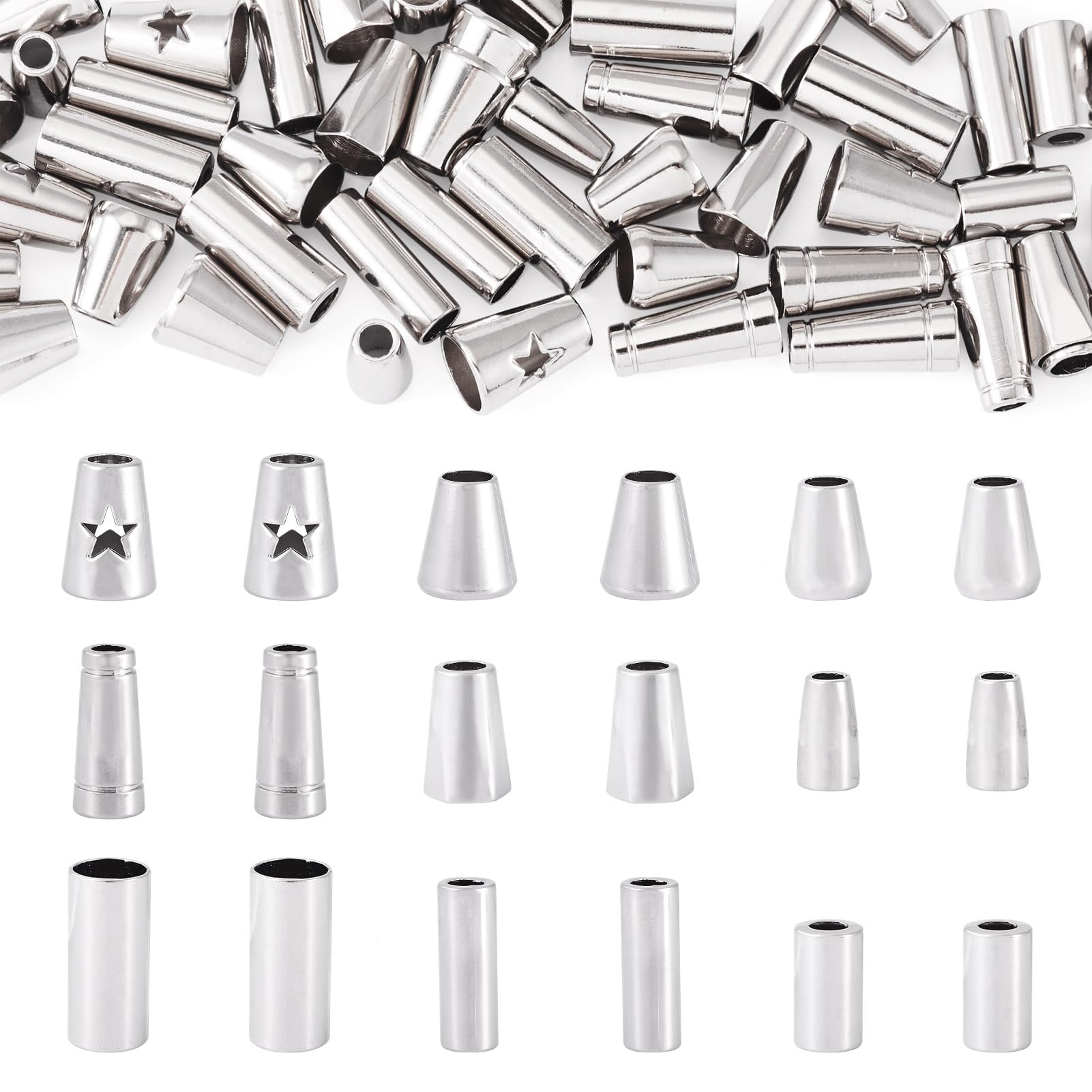 Craftdady 54 Pcs Alloy Cord Ends 9-20x5-11mm Column Alloy Cord End Caps Platinum Rope Stoppers for Bag Cloth Making Supplies Jewelry Making