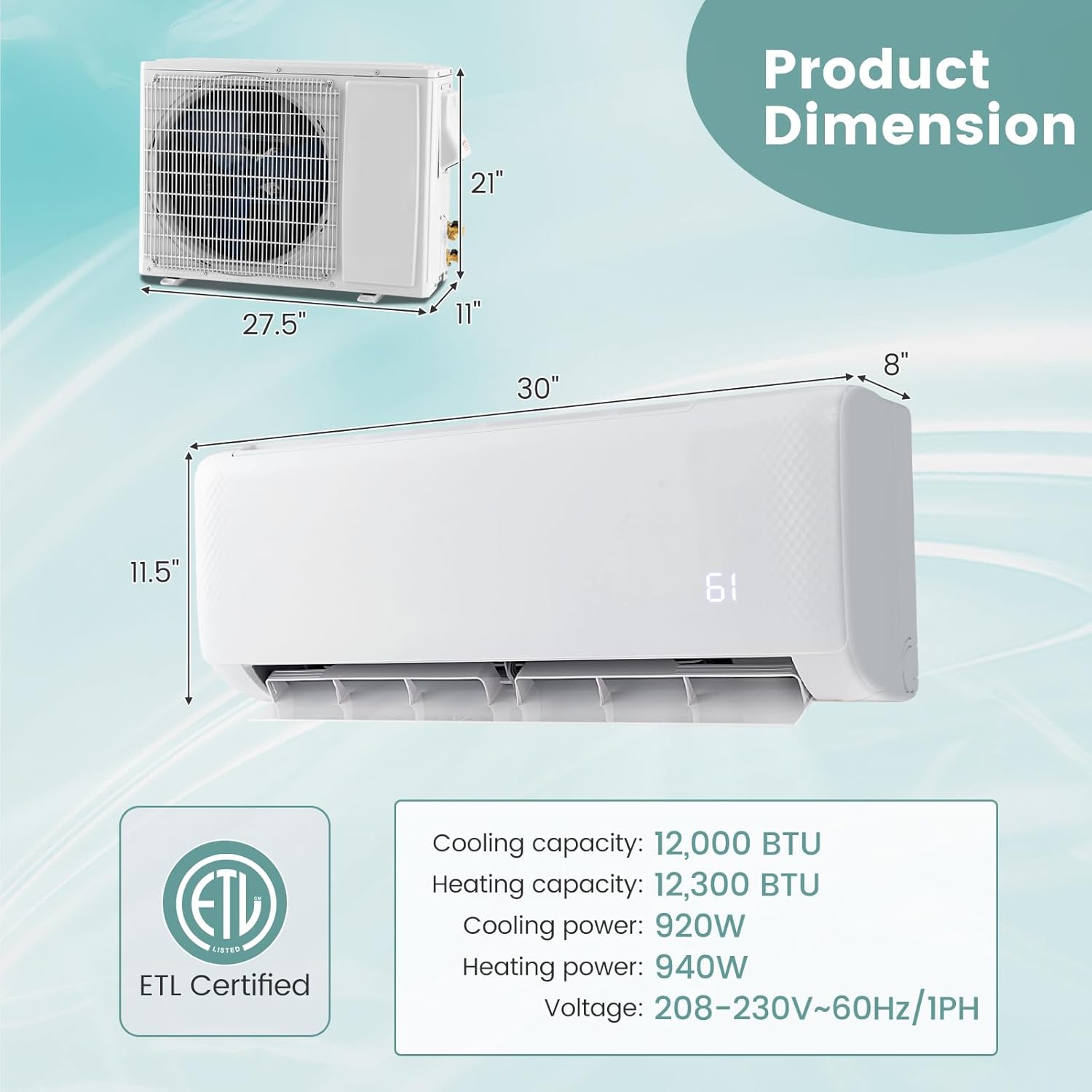ARLIME Mini Split AC/Heating System product dimensions and specifications