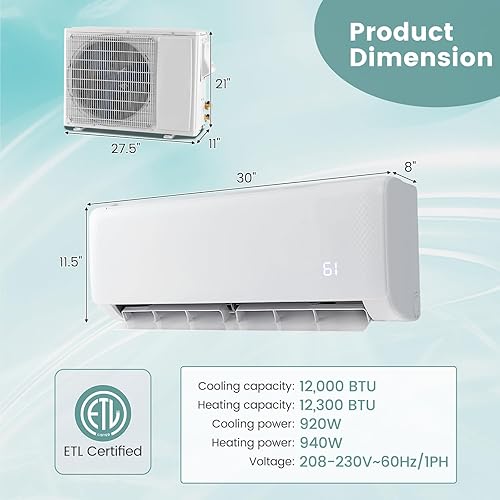 Miniatura 7 de ARLIME Aire acondicionado dividido de 12000 BTU, aire acondicionado de bajo consumo 21 SEER con control remoto, habitaciones de enfriamiento de