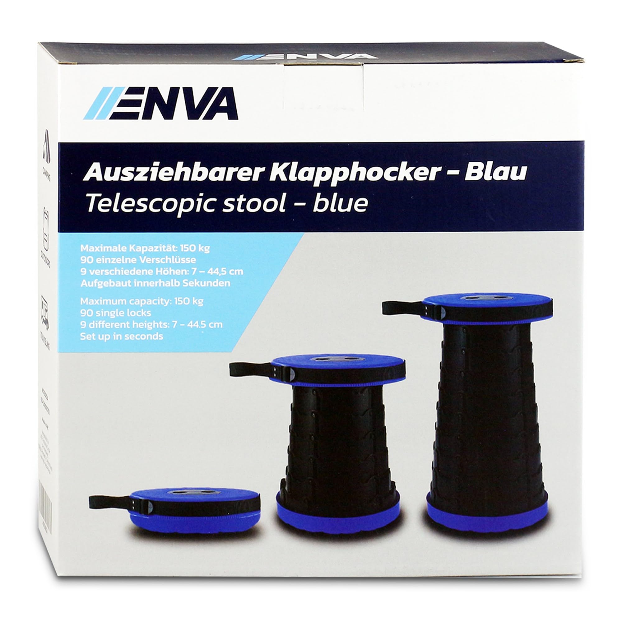 ENVA Tragbarer Teleskophocker blau ausziehbarer Klapphocker Leichter & Stabiler Falthocker mit Trageschlinge höhenverstellbarer Hocker für Werkstatt, Camping & andere Outdoor-Akitvitäten